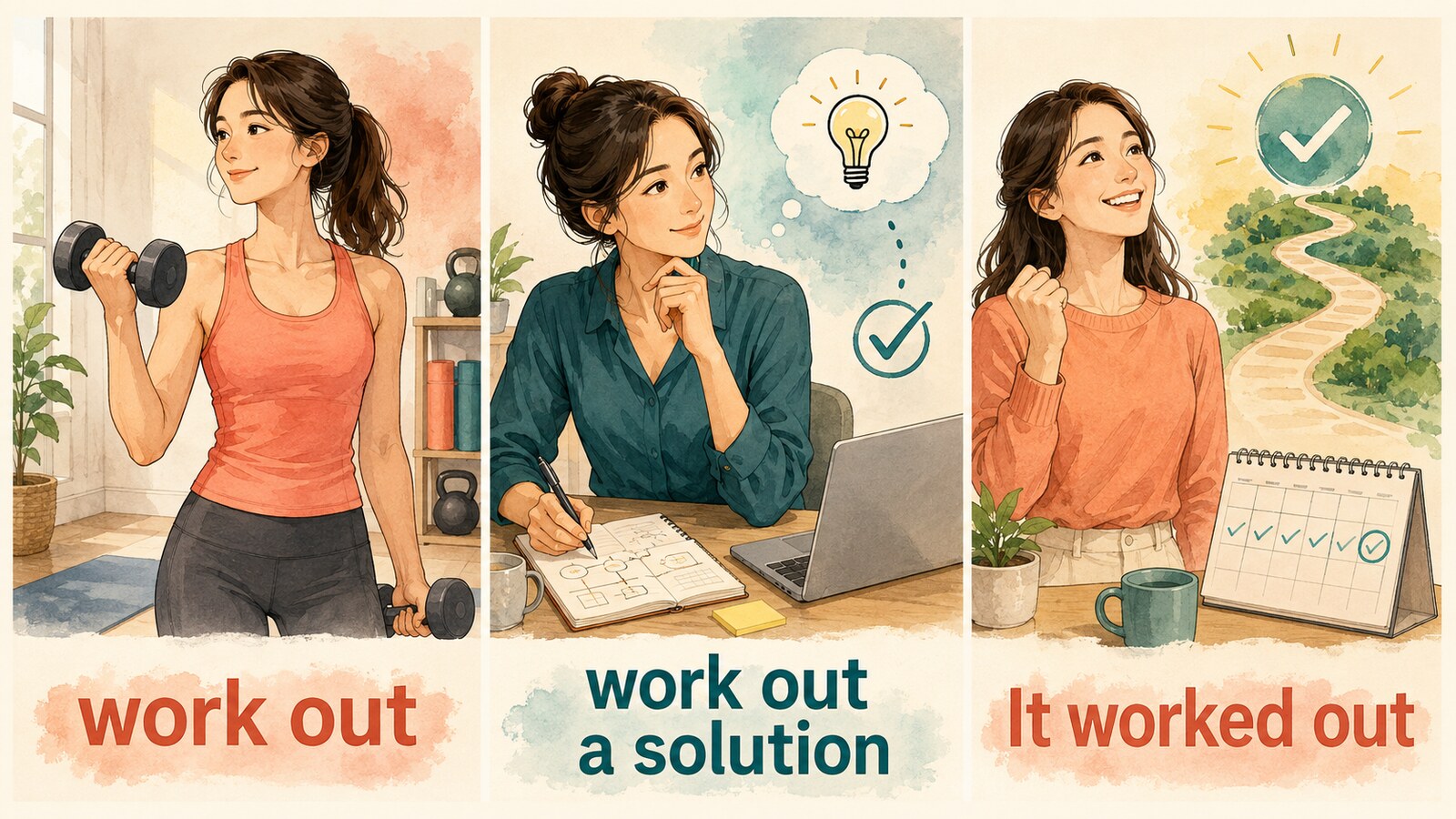 work outの運動する・解決する・うまくいくという3つの意味を表すイラスト