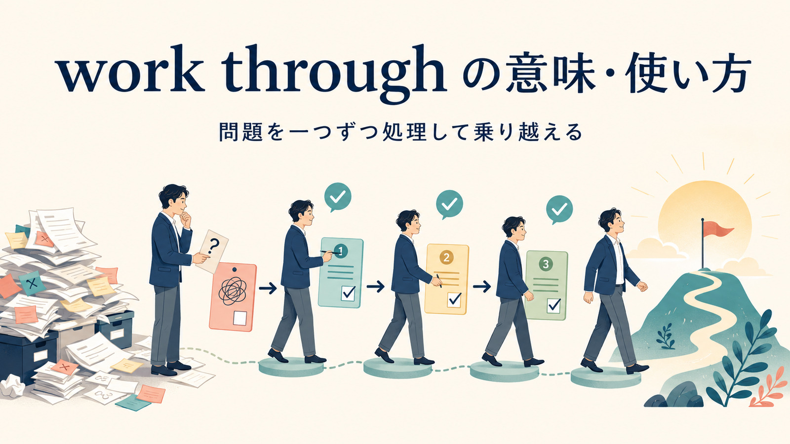 work throughの意味・使い方―問題を一つずつ処理して乗り越えるイメージ