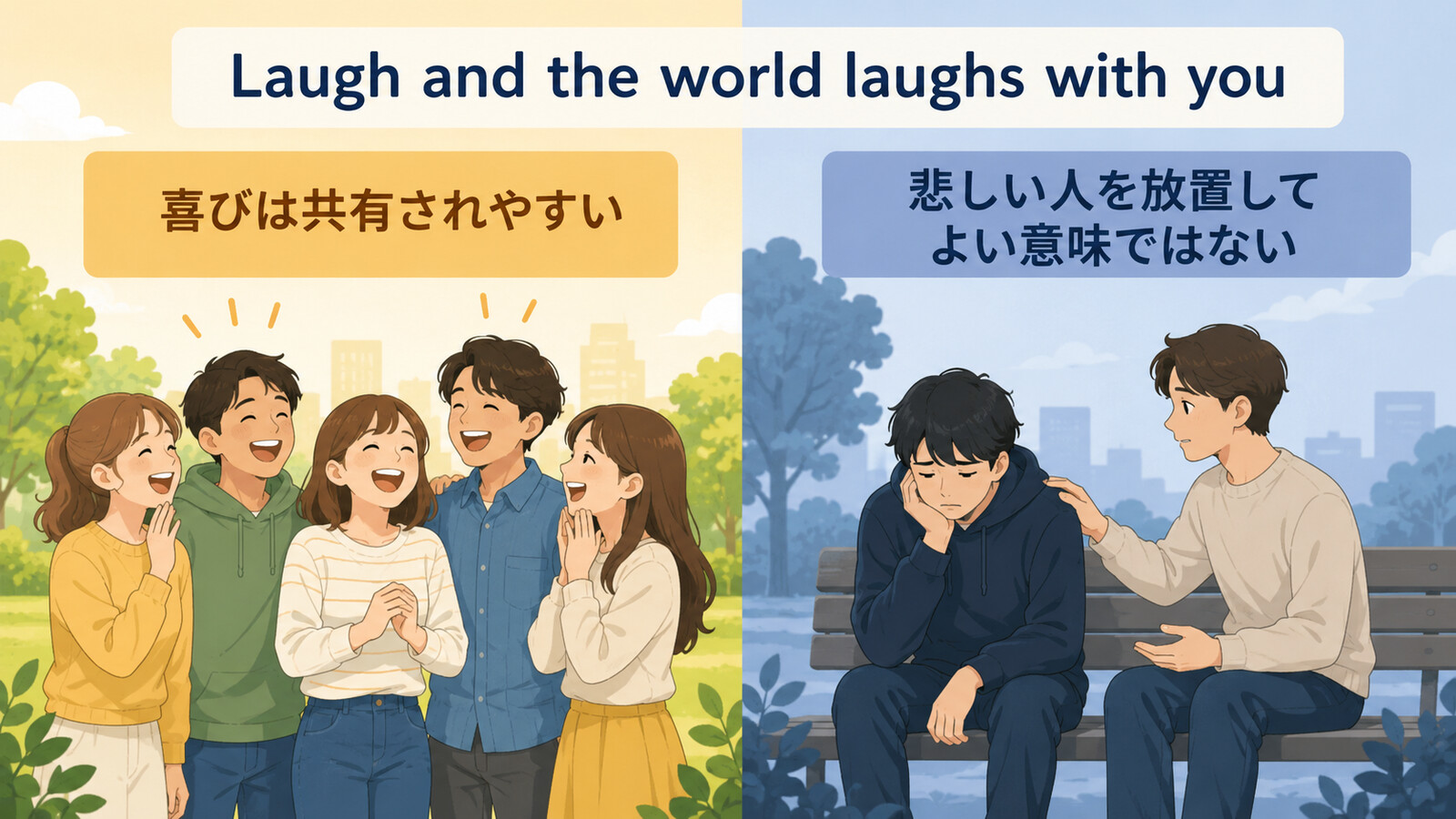 Laugh and the world laughs with you; weep, and you weep alone.の語句とニュアンスを図解