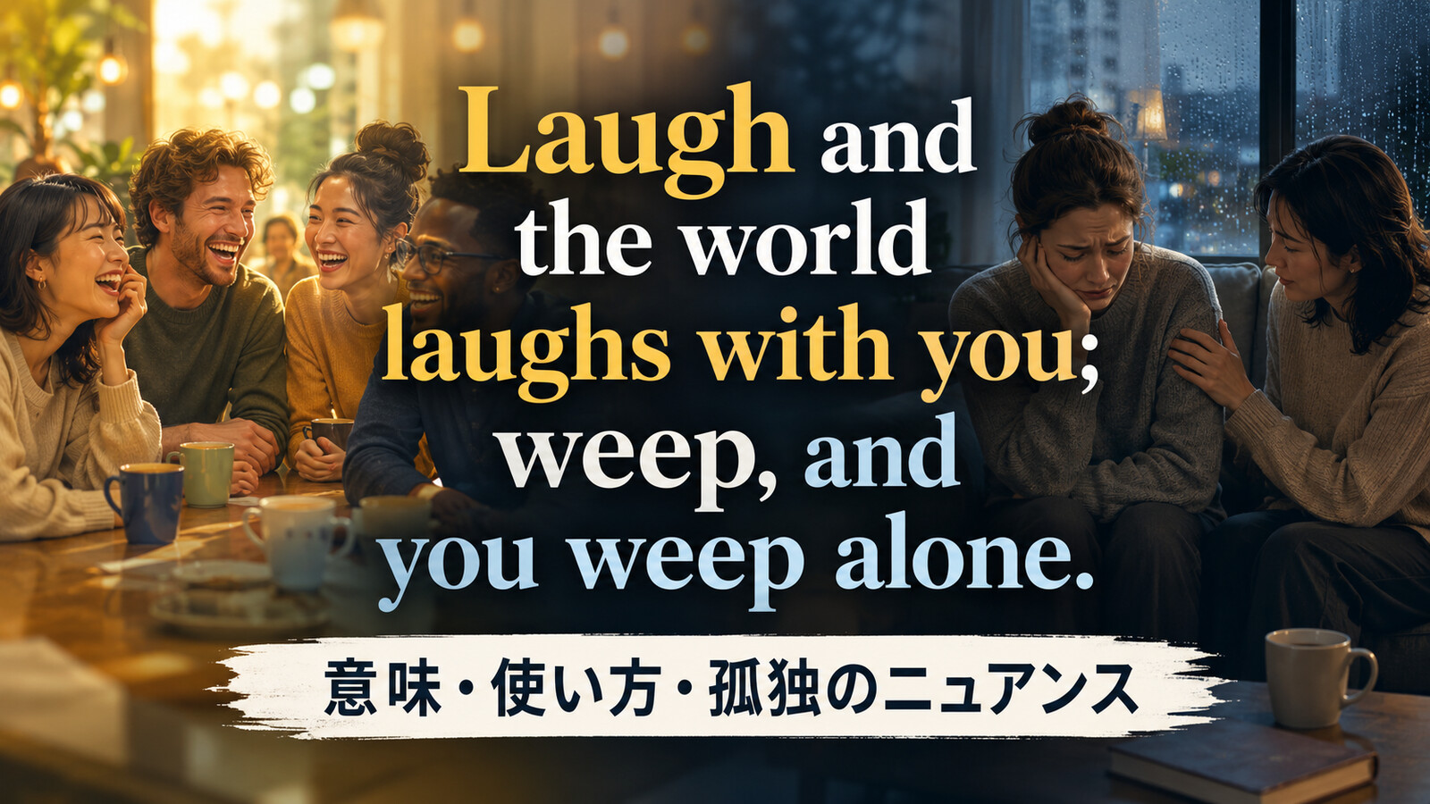 Laugh and the world laughs with you; weep, and you weep alone.の意味は？使い方・ニュアンスと例文