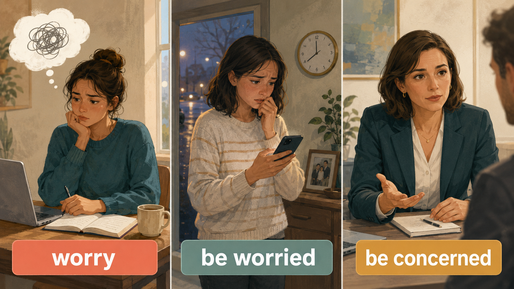 worry・be worried・be concernedの違いを示した比較イラスト