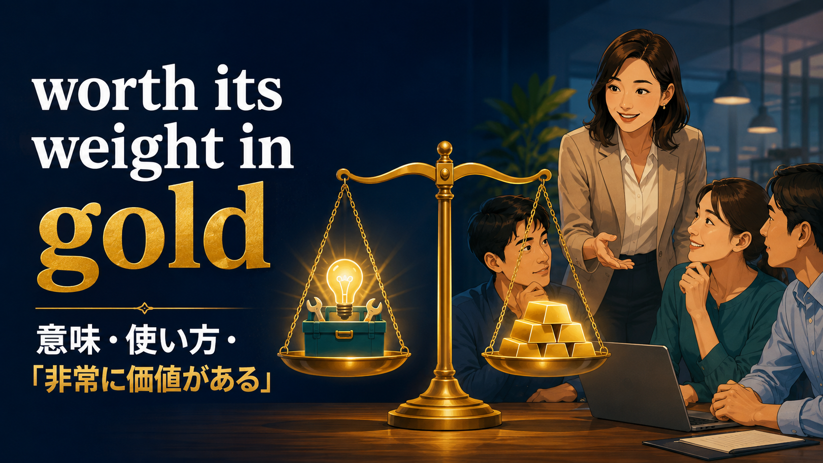 worth its weight in goldの意味と役立つ価値を金で表す天秤のイメージ