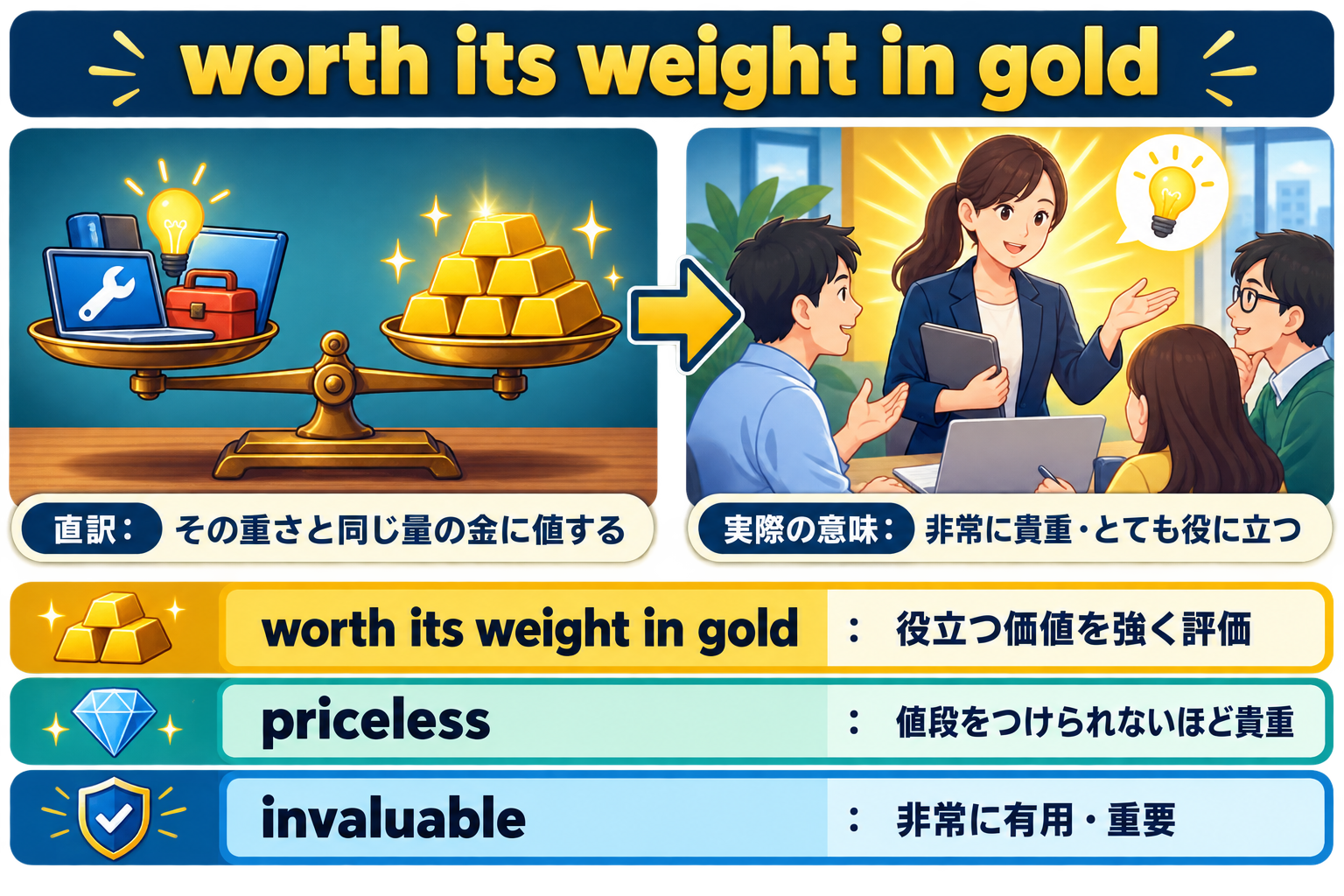 worth its weight in goldの直訳・実際の意味とpriceless・invaluableの違い