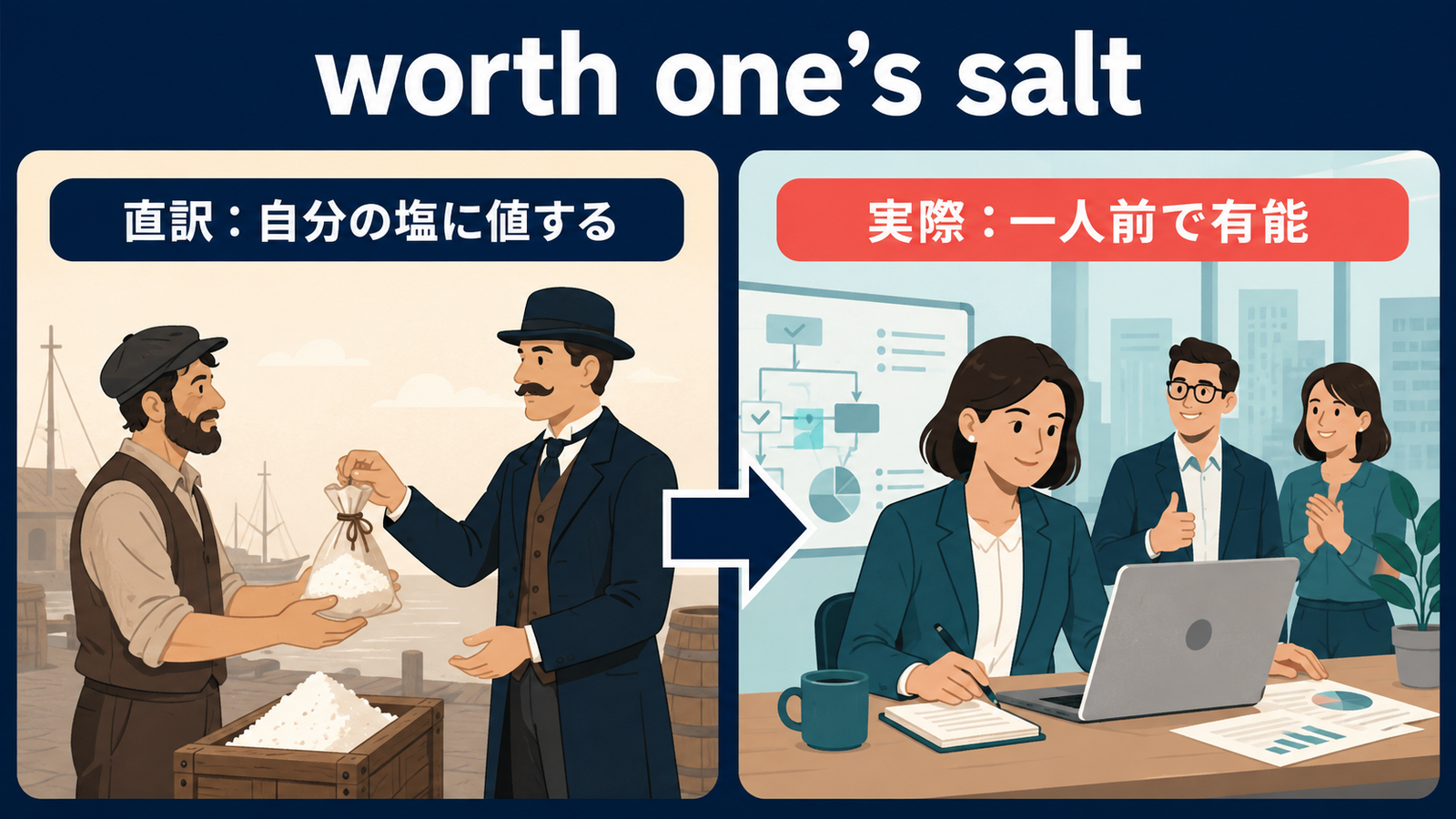 worth one’s saltの直訳「自分の塩に値する」と実際の意味「一人前で有能」の比較