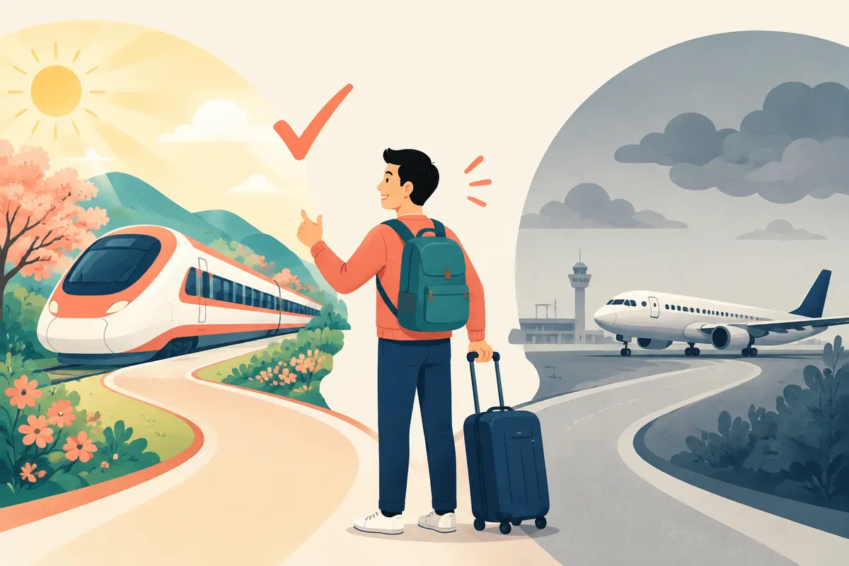飛行機より列車を選ぶ旅行者でwould ratherのニュアンスを示すイラスト