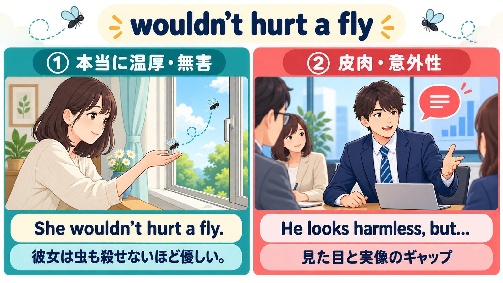 wouldn’t hurt a flyの温厚な人物を表す用法と皮肉や意外性を示す用法の比較図