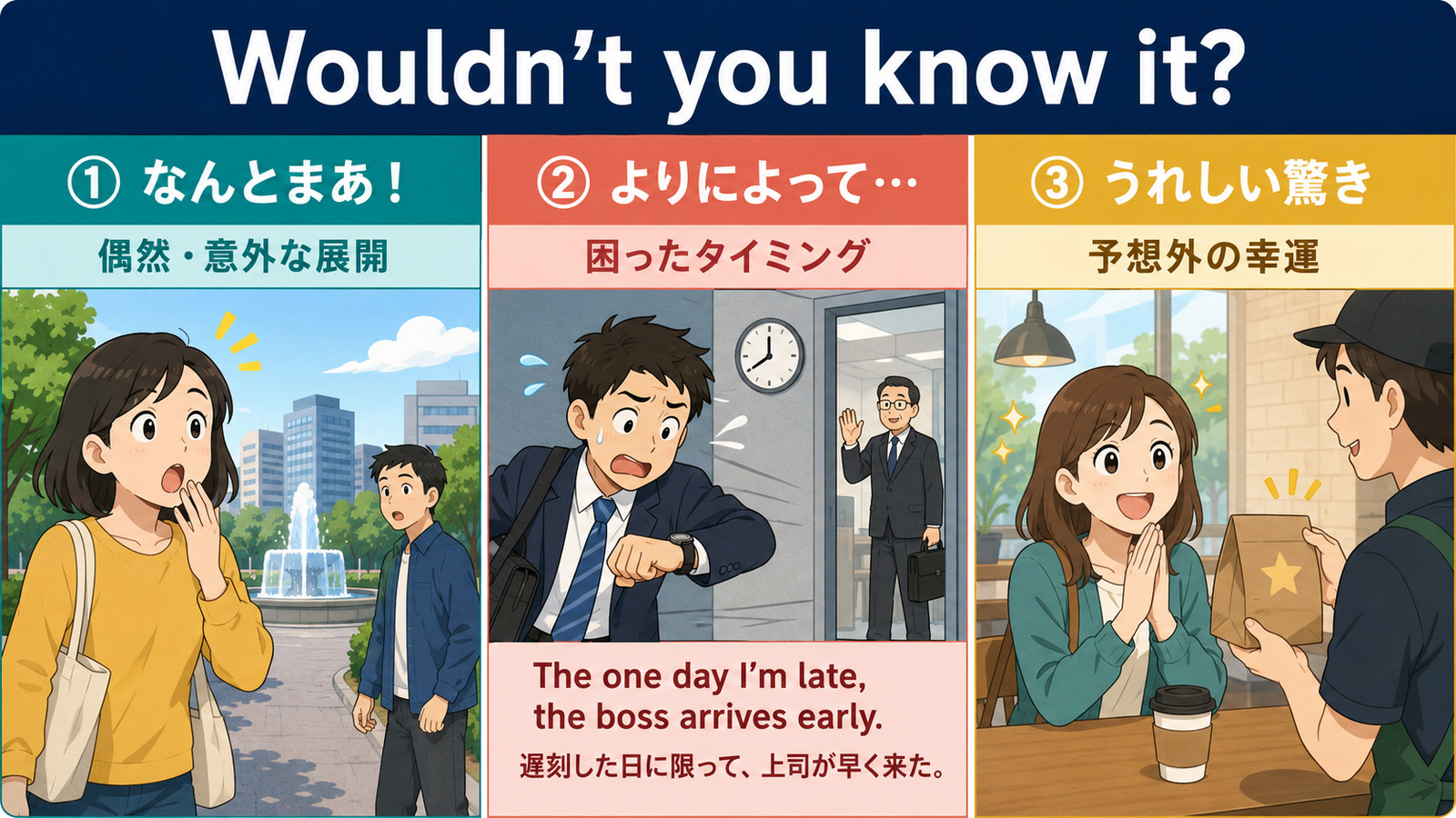 Wouldn’t you know it?が表す偶然・困ったタイミング・うれしい驚きの3つのニュアンス解説図