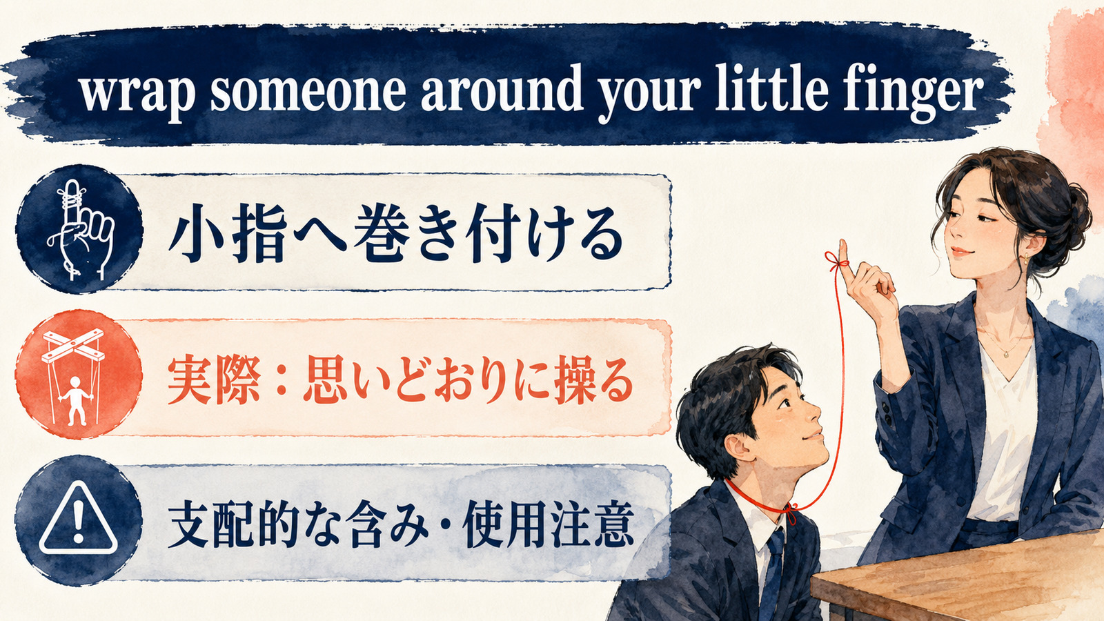 wrap someone around your little fingerの直訳と実際の意味を比較する本文イラスト