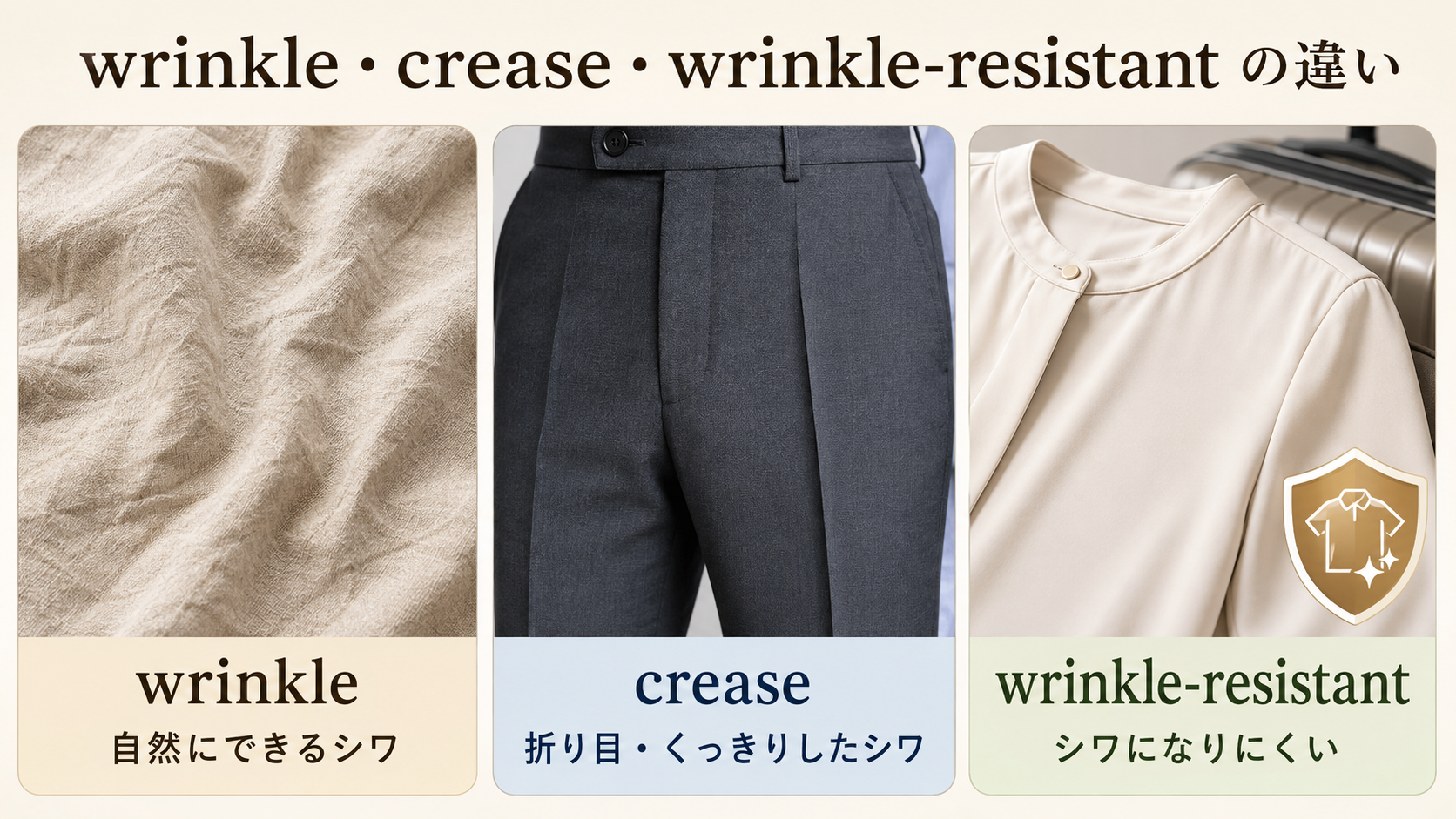 wrinkle・crease・wrinkle-resistantの違いを示した横長比較イラスト