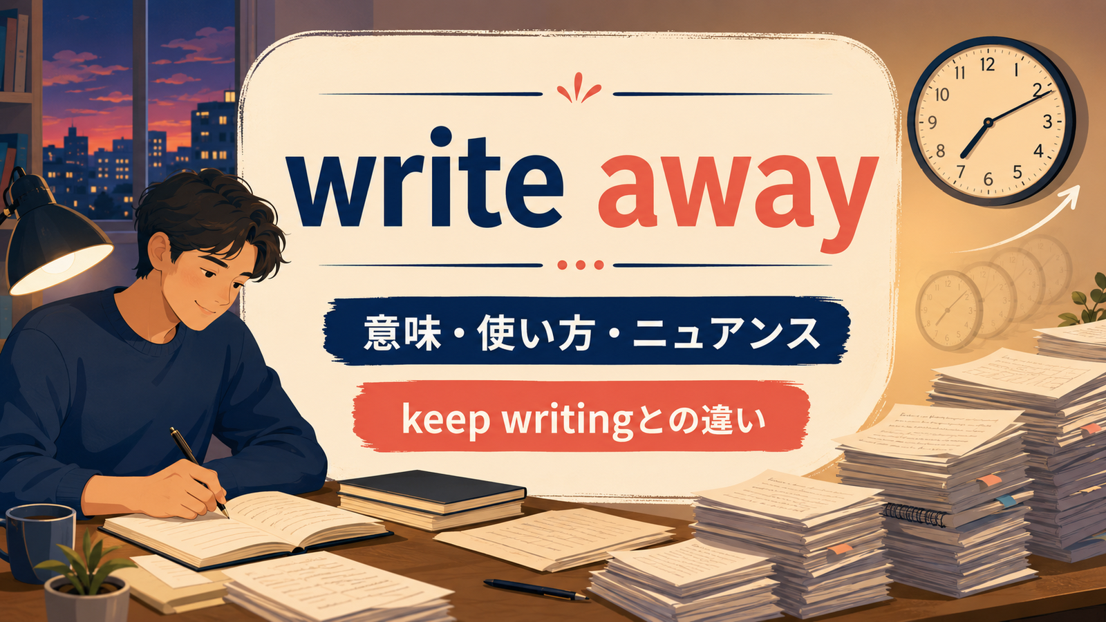 write awayの意味・使い方・ニュアンスとkeep writingとの違いを示すアイキャッチ画像