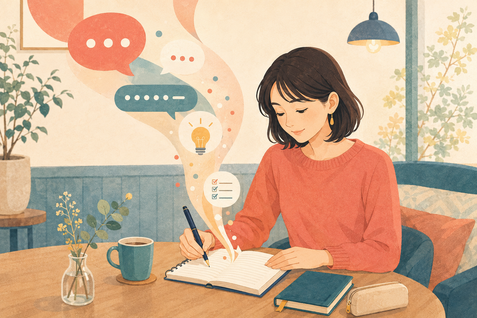 聞いた情報やアイデアをノートに書き留める女性
