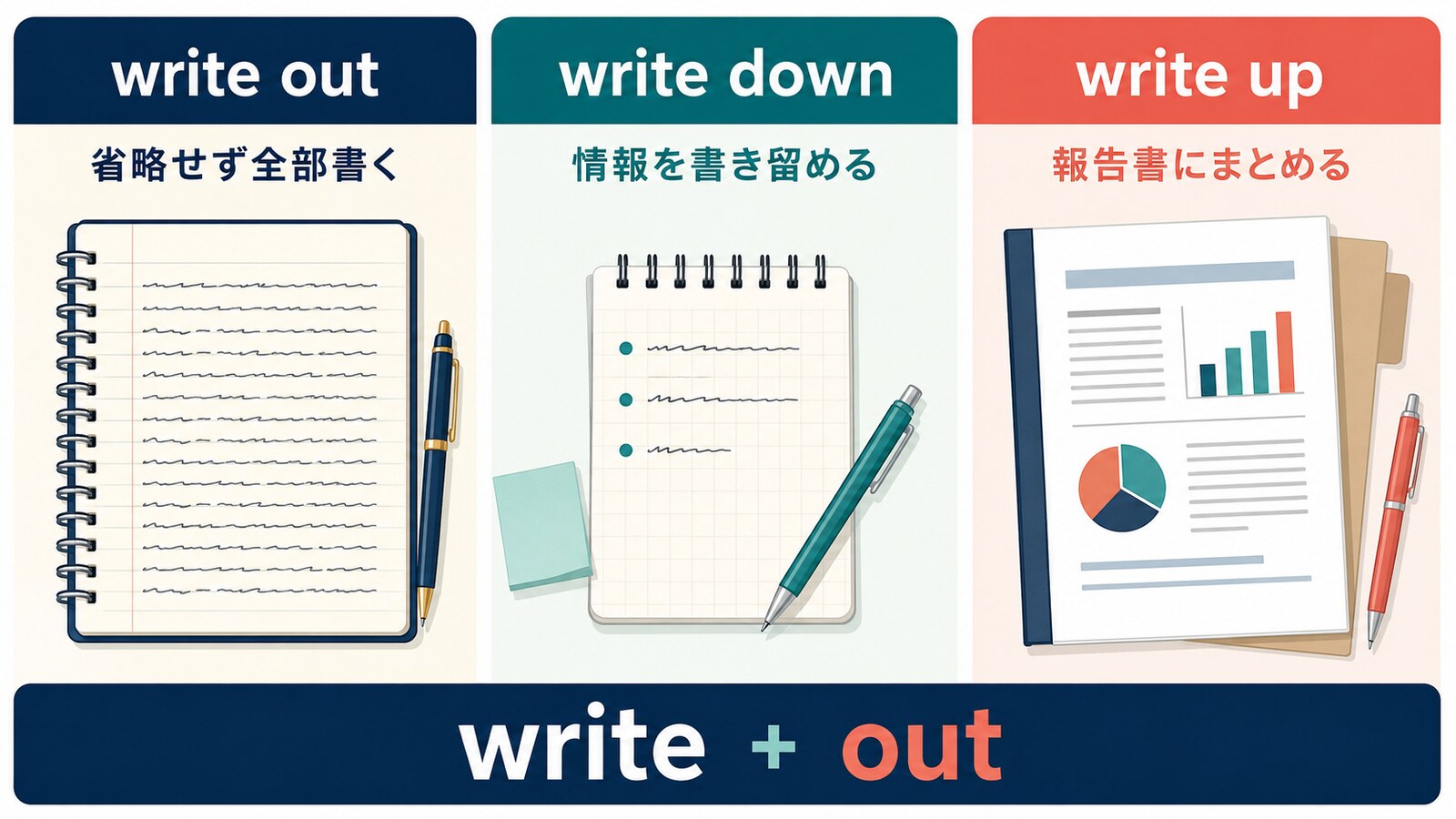 write out・write down・write upの意味の違いを示すイラスト