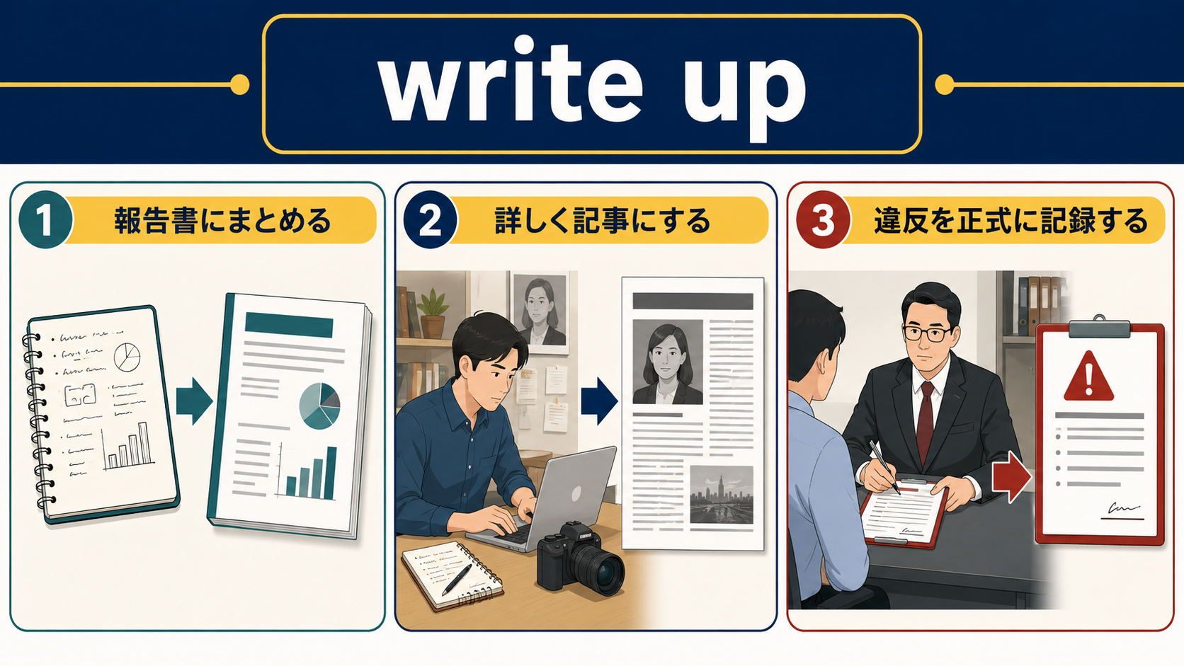write upの3つの用法―報告書にまとめる、詳しく記事にする、違反を正式に記録する