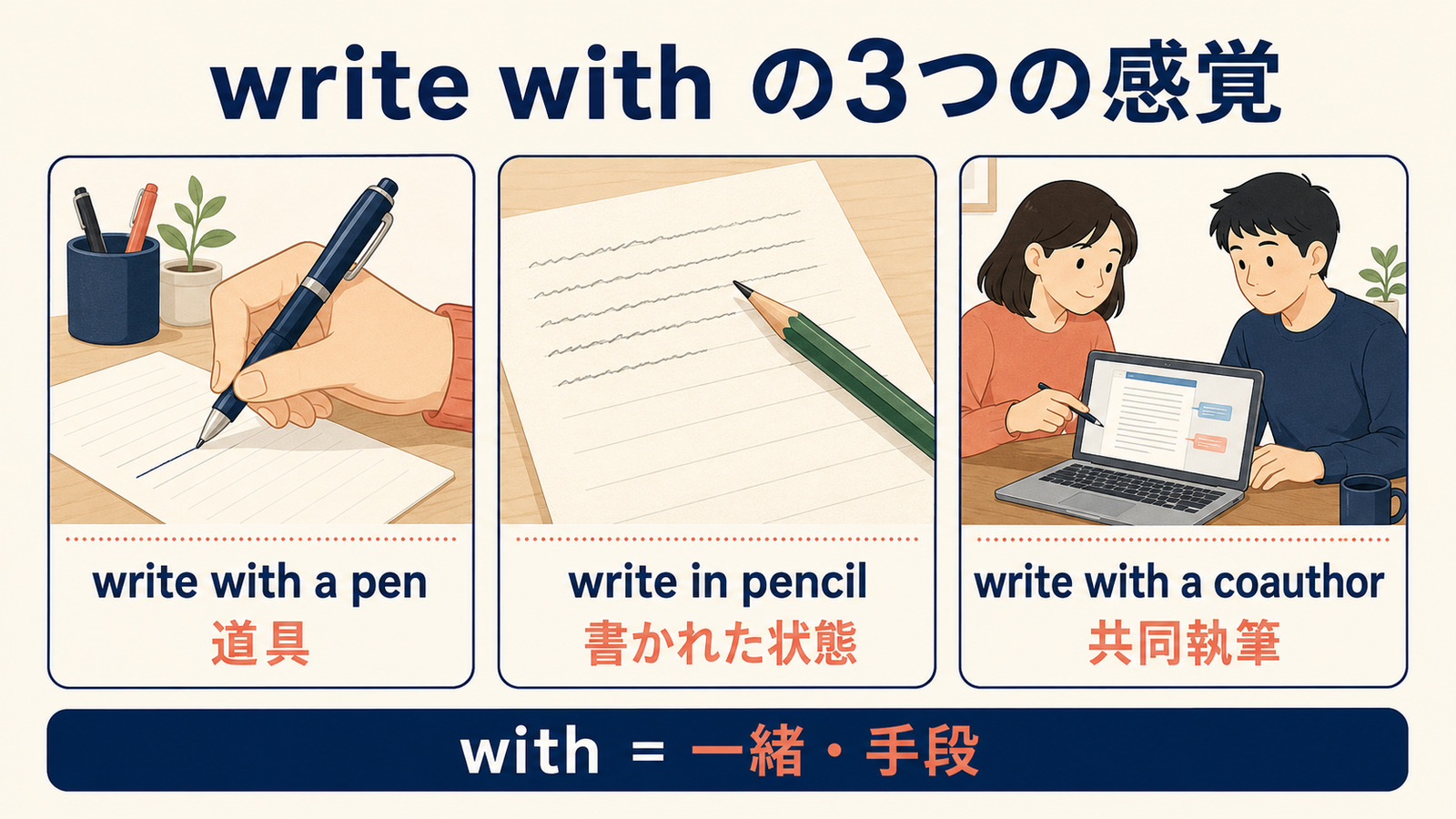 write withの道具・共同執筆とwrite inの書かれた状態の違い