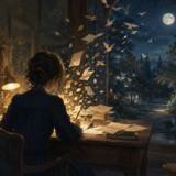 架空の女性が月夜の書斎で言葉を紡ぐ、作家・詩人の英語の名言集のイメージ