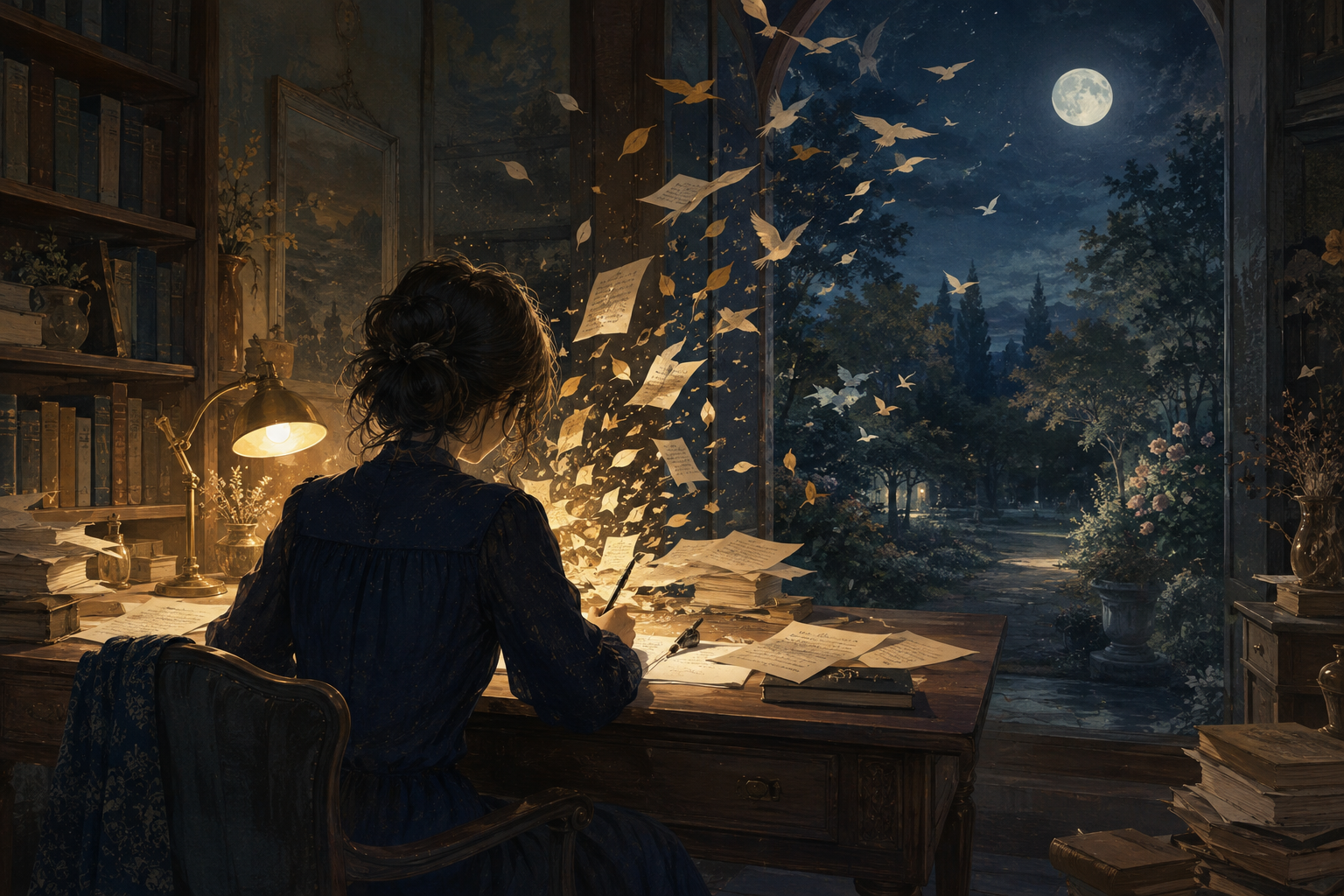 架空の女性が月夜の書斎で言葉を紡ぐ、作家・詩人の英語の名言集のイメージ