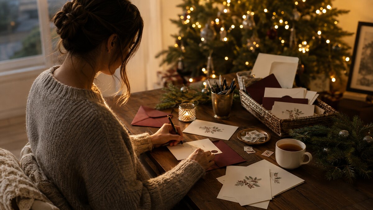 クリスマスツリーのそばで英語のクリスマスカードを書く女性