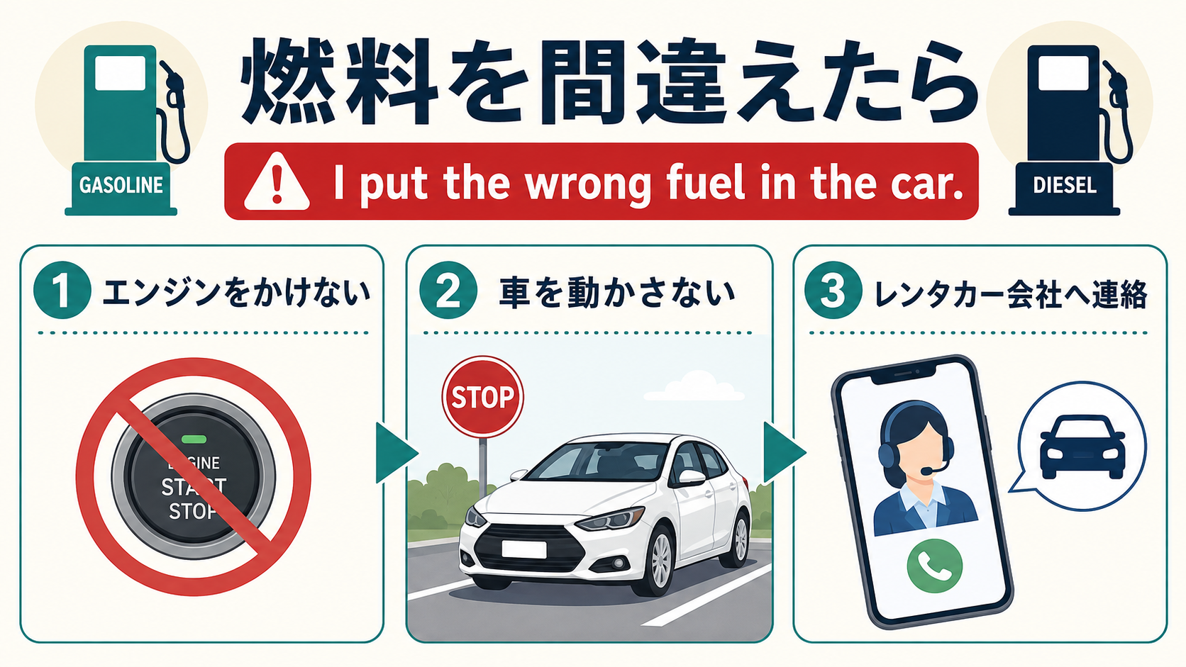 燃料を間違えたらエンジンをかけず車を動かさずレンタカー会社へ連絡する手順
