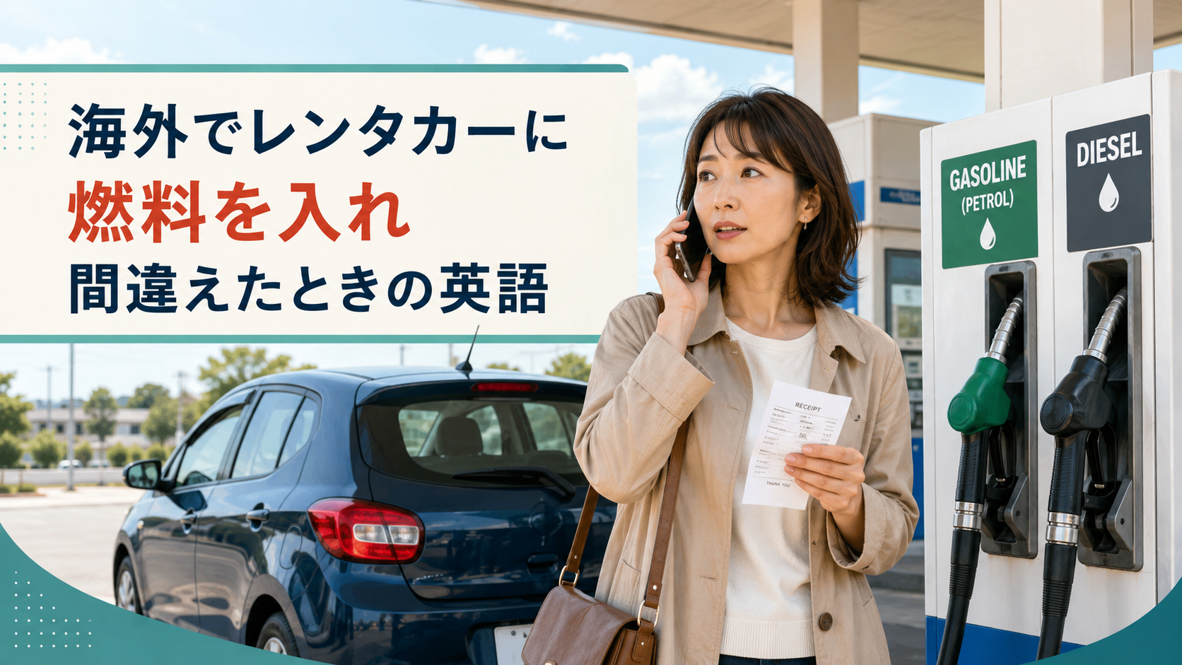 海外のガソリンスタンドでレンタカーに燃料を入れ間違えレンタカー会社へ電話する日本人旅行者