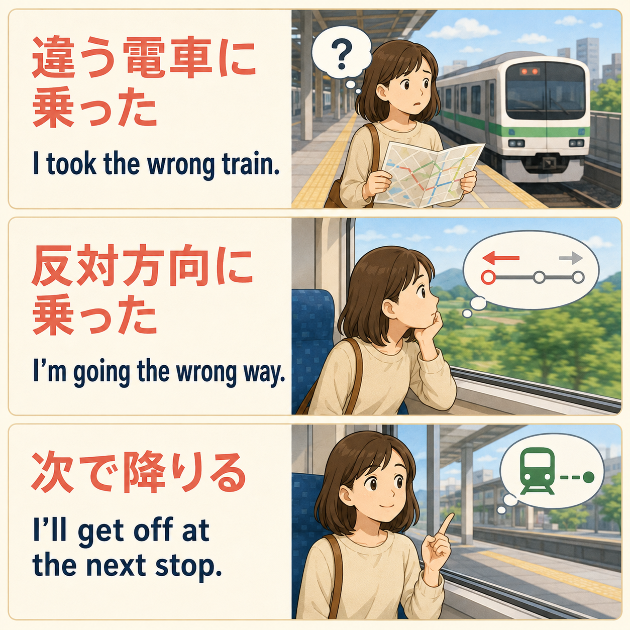 I took the wrong train・I'm going the wrong way・I'll get off at the next stopの使い分け