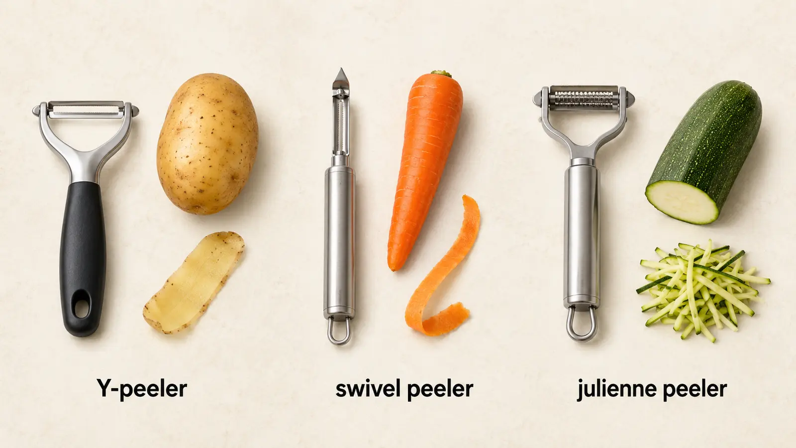 Y-peeler、swivel peeler、julienne peelerの形と用途の違い