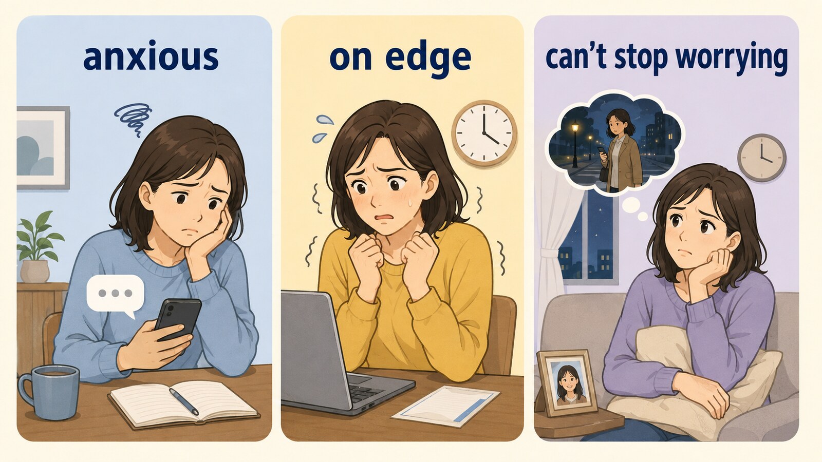 anxious、on edge、can't stop worryingの違いを表す3場面のイラスト