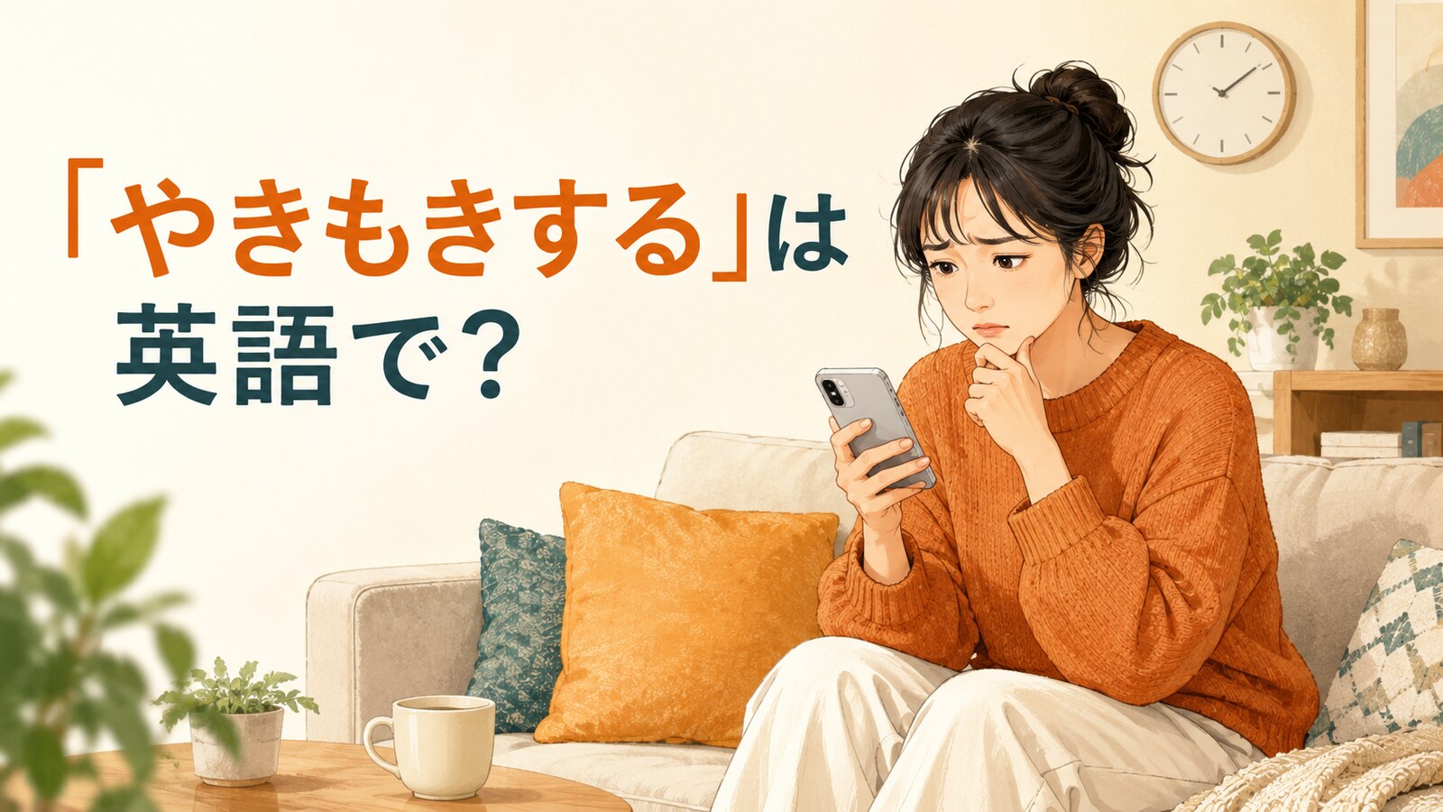 「やきもきする」は英語で?と返事を待ちながらスマートフォンを確認する女性のイラスト