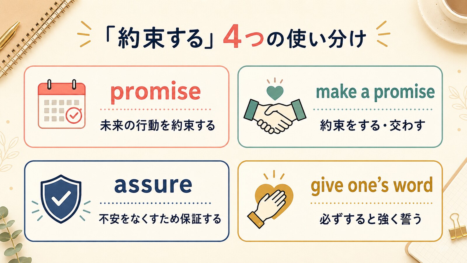 promise・make a promise・assure・give one’s wordの使い分け