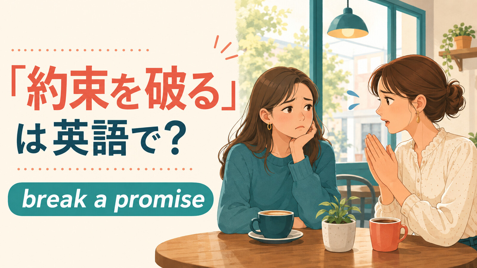 「約束を破る」は英語で?break a promiseと、約束を破って謝る友人のイラスト