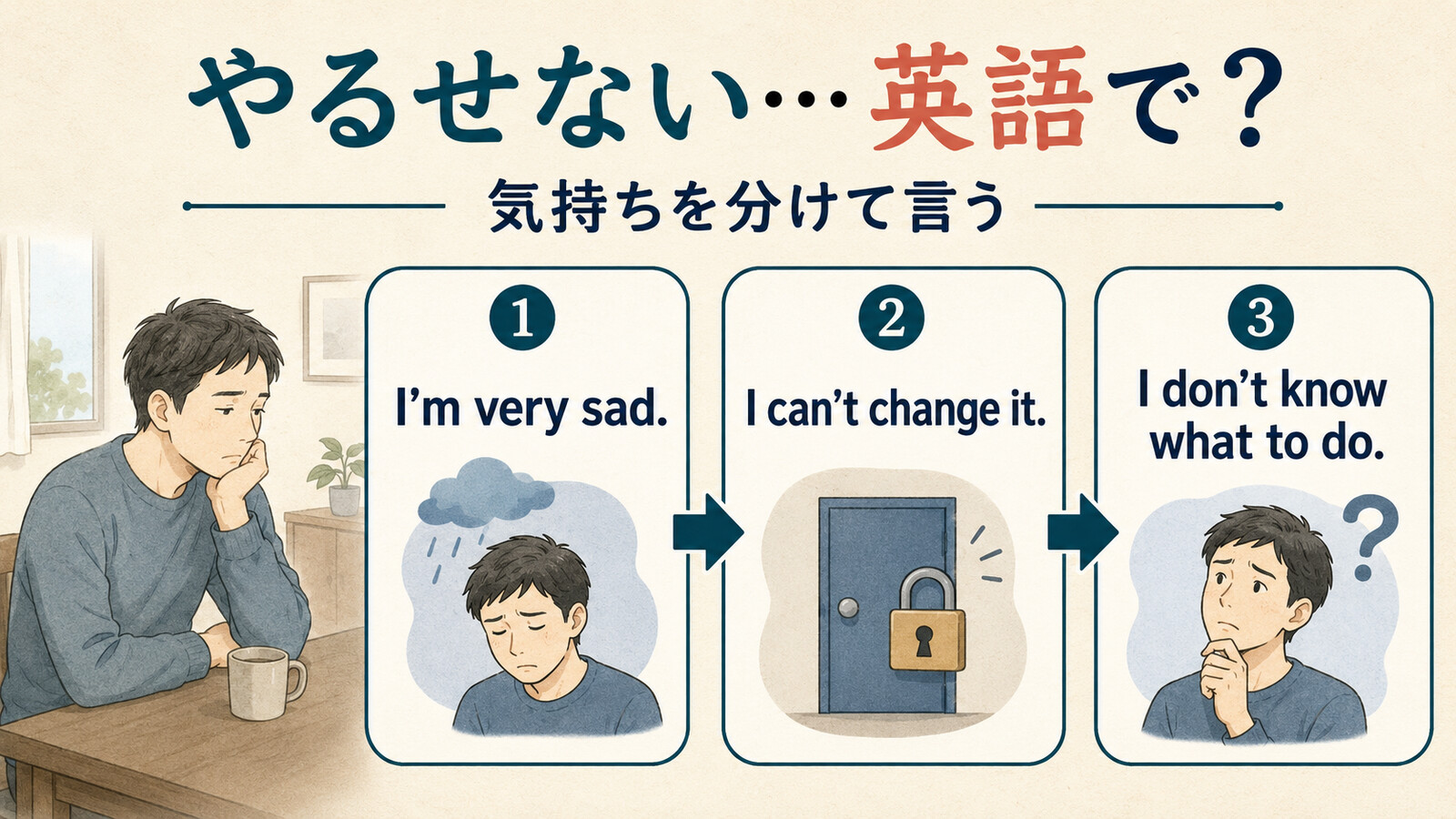 やるせない気持ちをI'm very sadなどの簡単な英語に分ける図