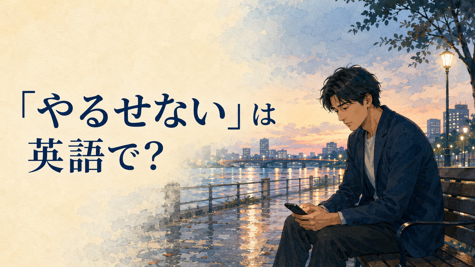 「やるせない」は英語で?雨上がりの川辺で沈む男性のイラスト