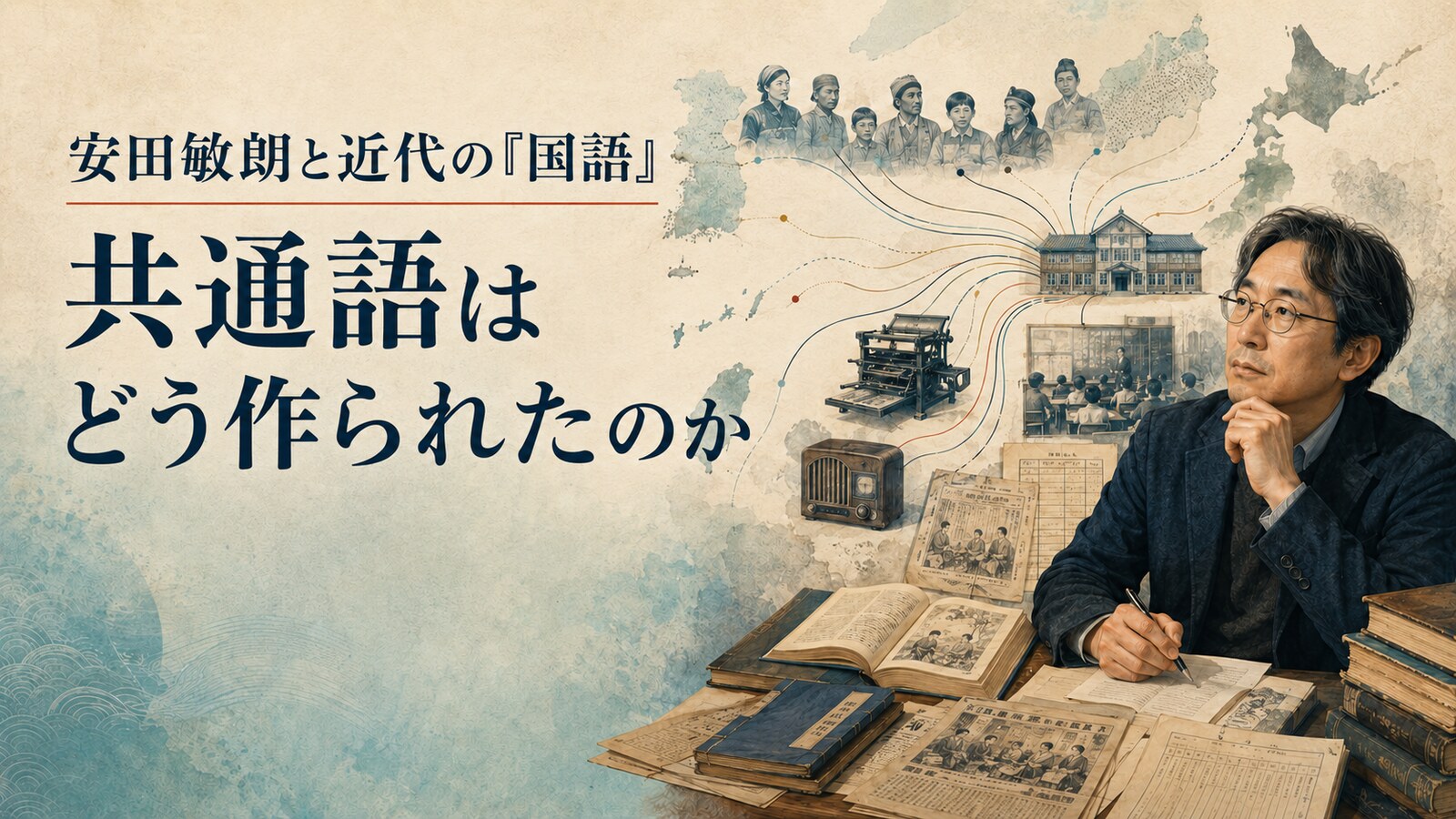 安田敏朗と近代日本の国語政策を表すイラスト