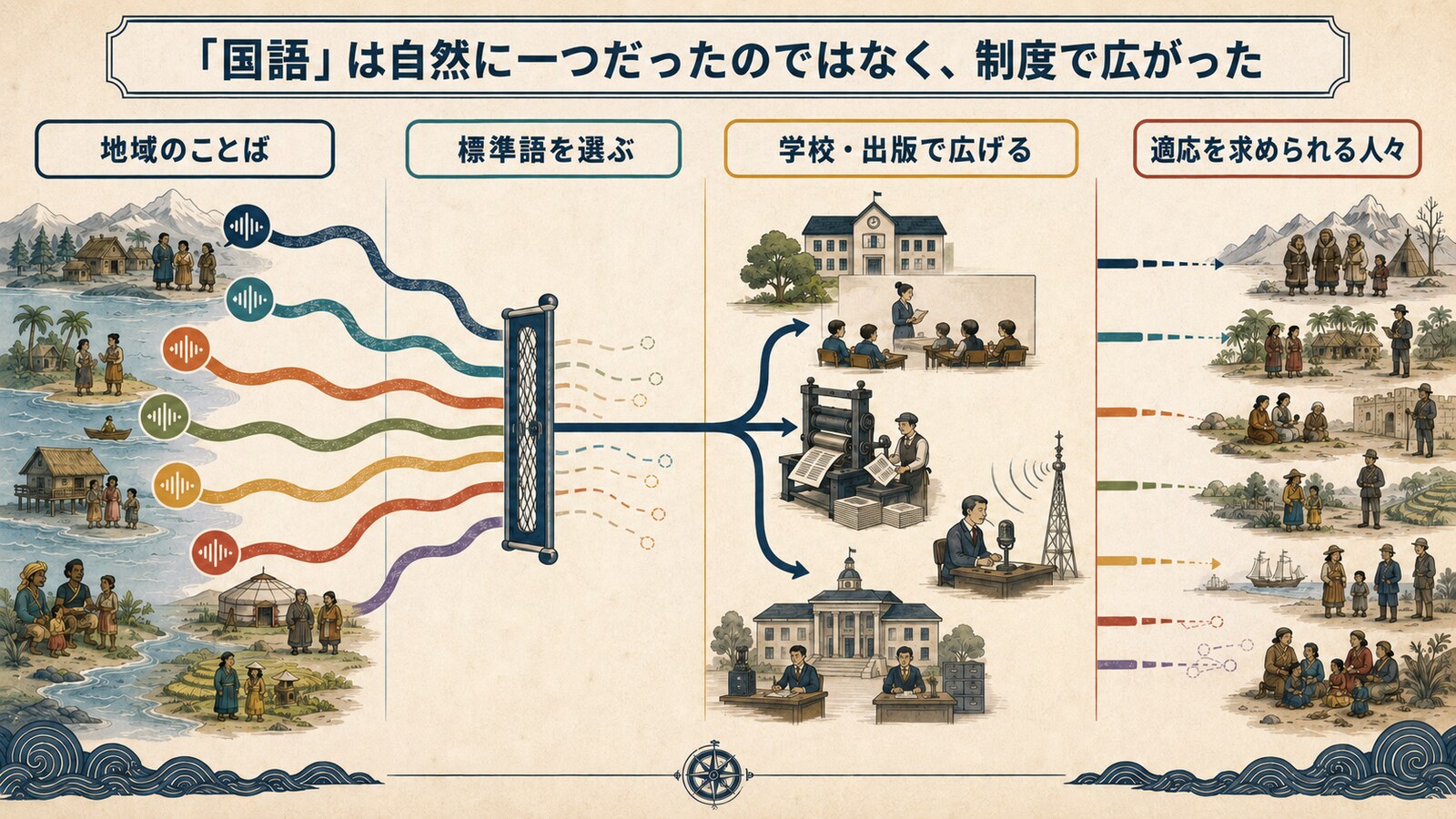 地域のことばから標準語が選ばれ学校や出版で広がる過程の図解