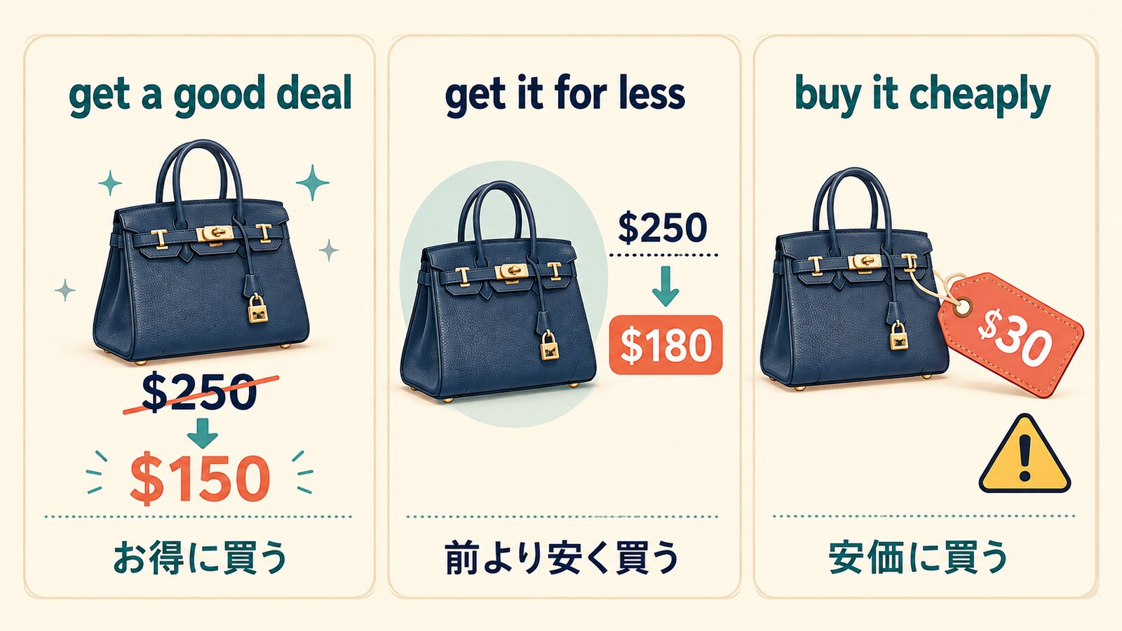 get a good deal・get it for less・buy it cheaplyの違い