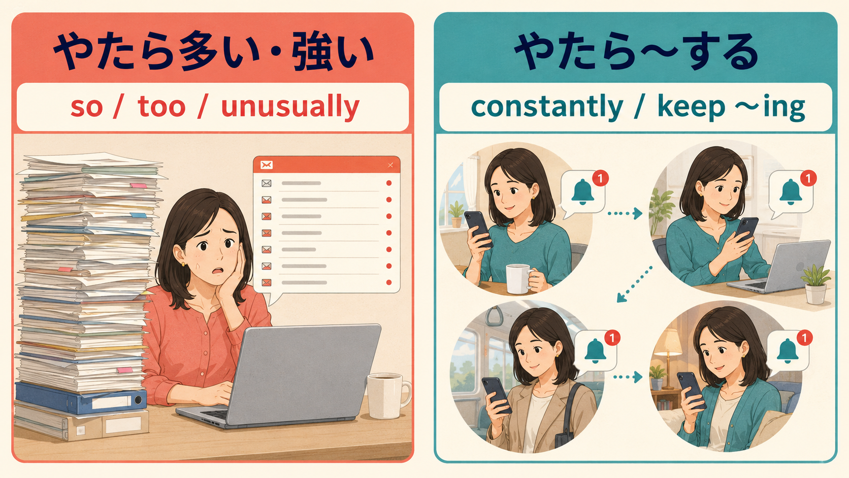 やたら多い・強いと、やたら〜するの英語表現の違い