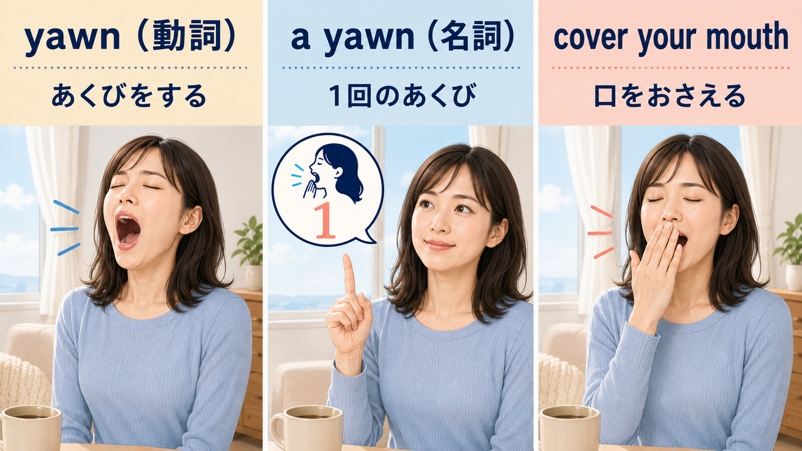 yawnは動詞であくびをする、a yawnは名詞で1回のあくび、cover your mouthは口をおさえることを示す図