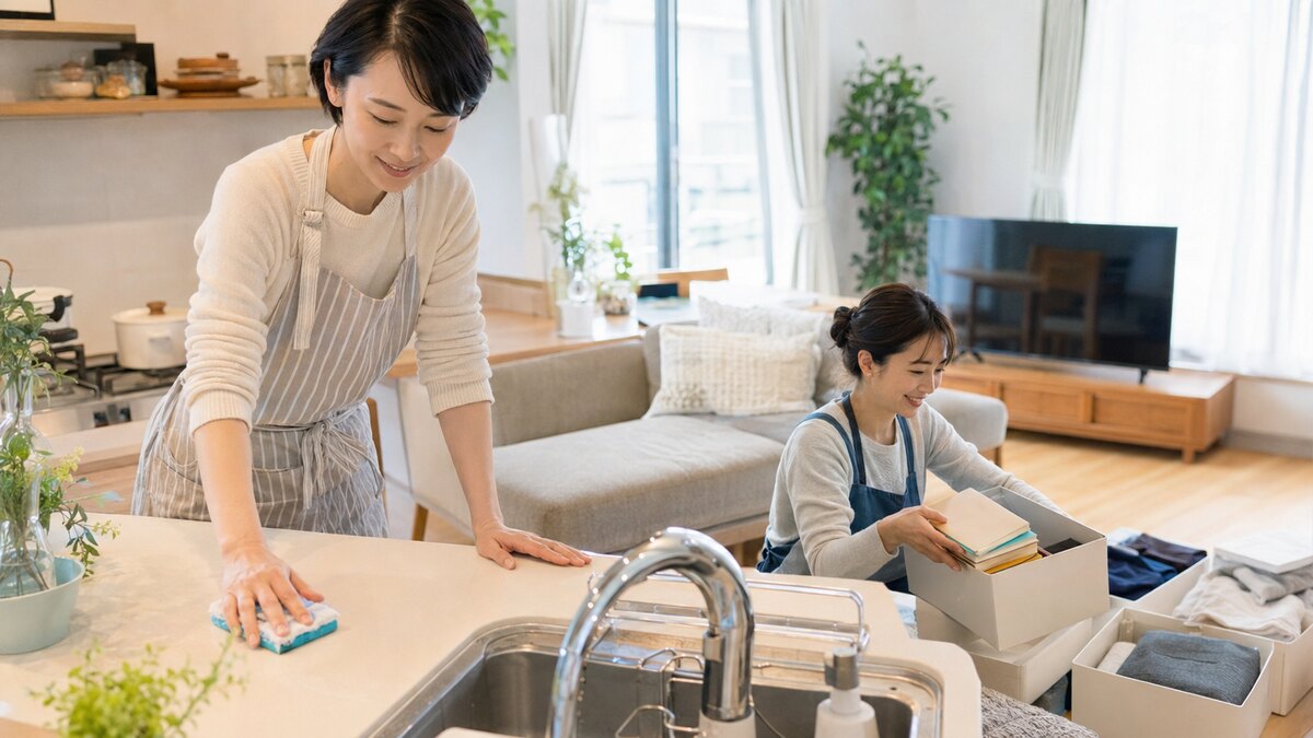キッチン掃除と片付けをする女性たち