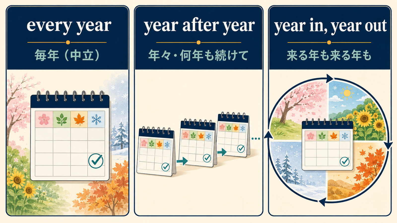 every year・year after year・year in, year outのニュアンスの違いを示す比較図