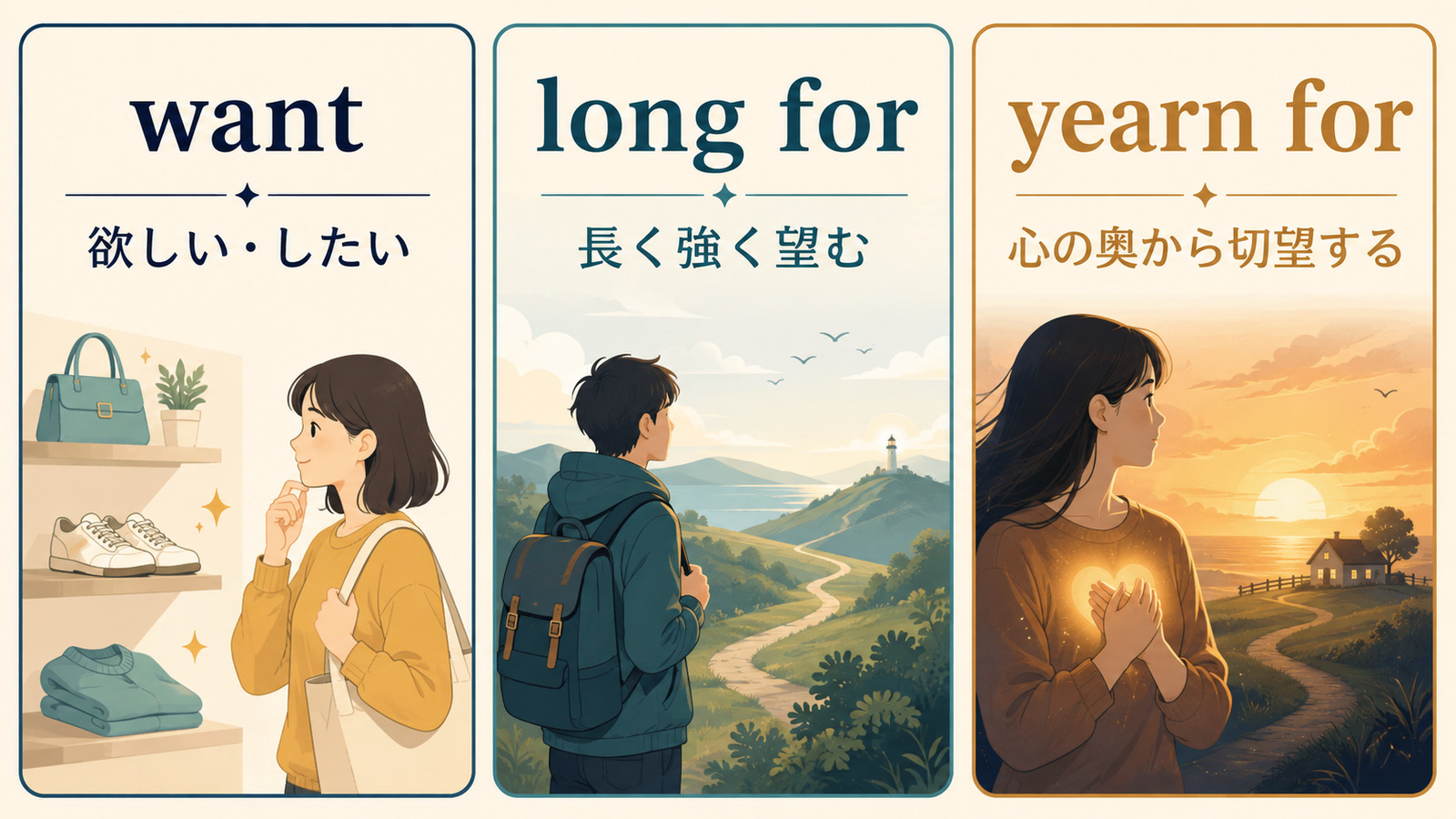 want・long for・yearn forの願いの強さとニュアンスの違いを示す比較図