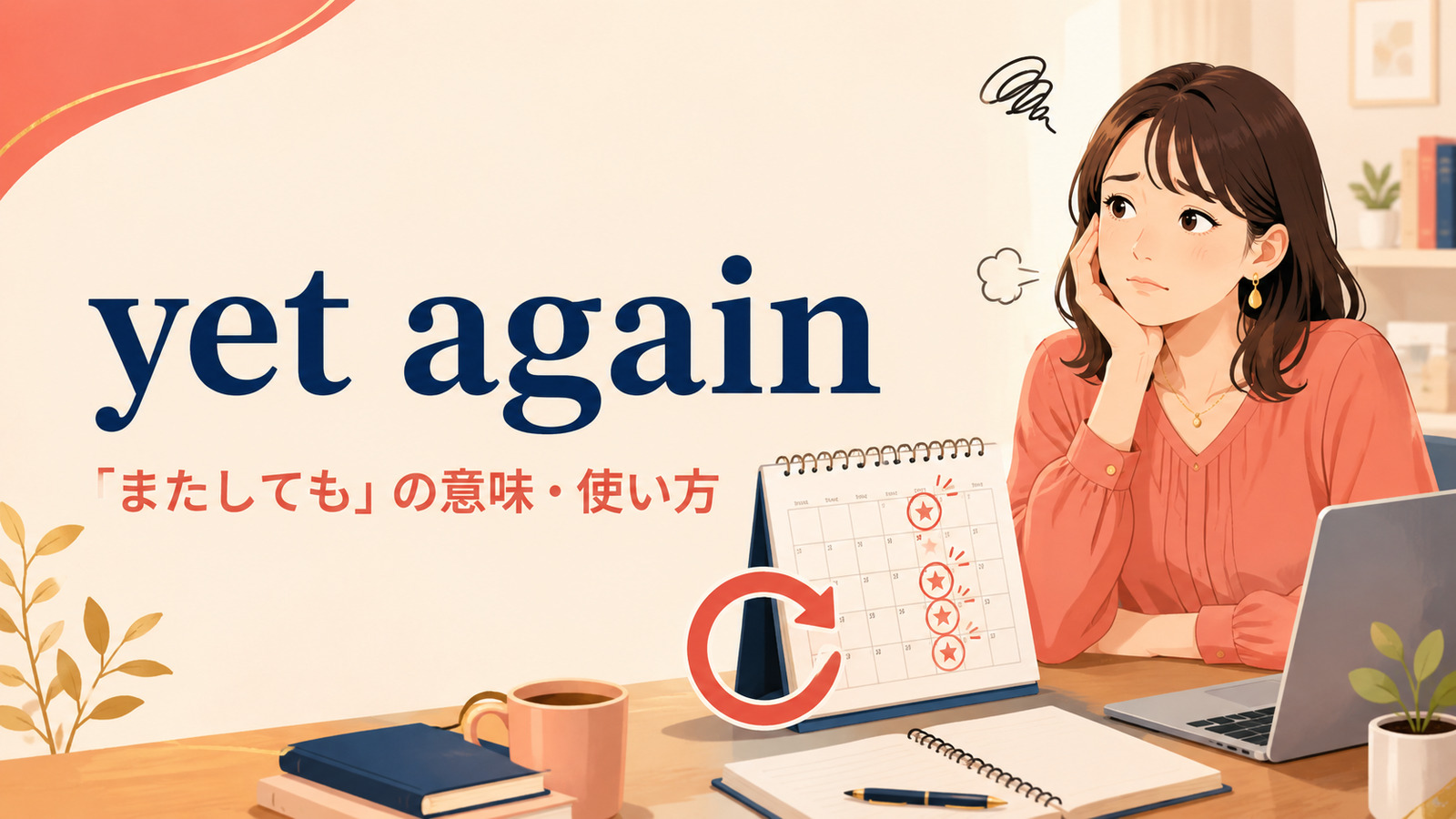 yet againの意味「またしても」と使い方を解説するアイキャッチ画像