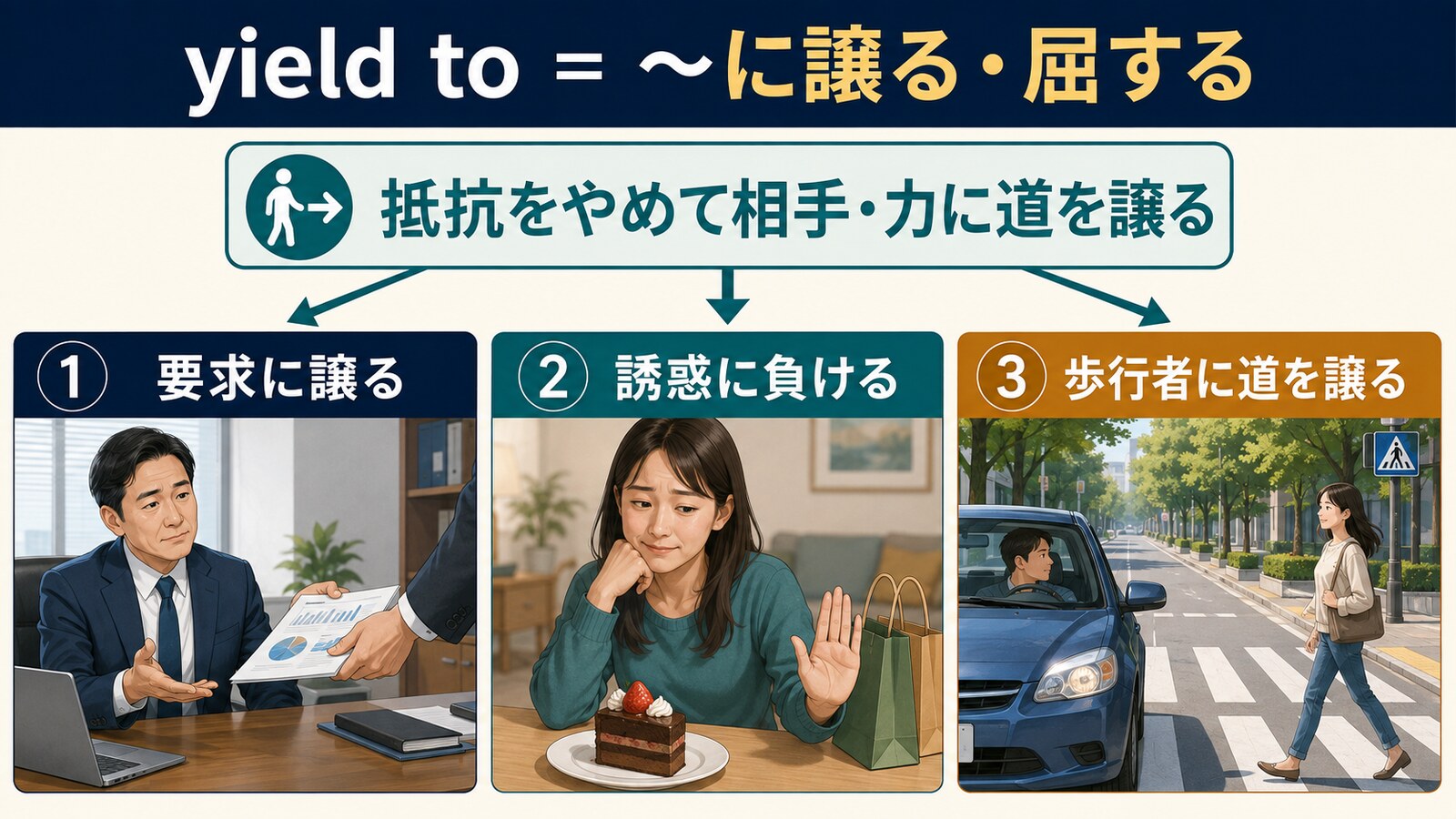 yield toの要求・誘惑・交通での3つの使い方を比較する解説図