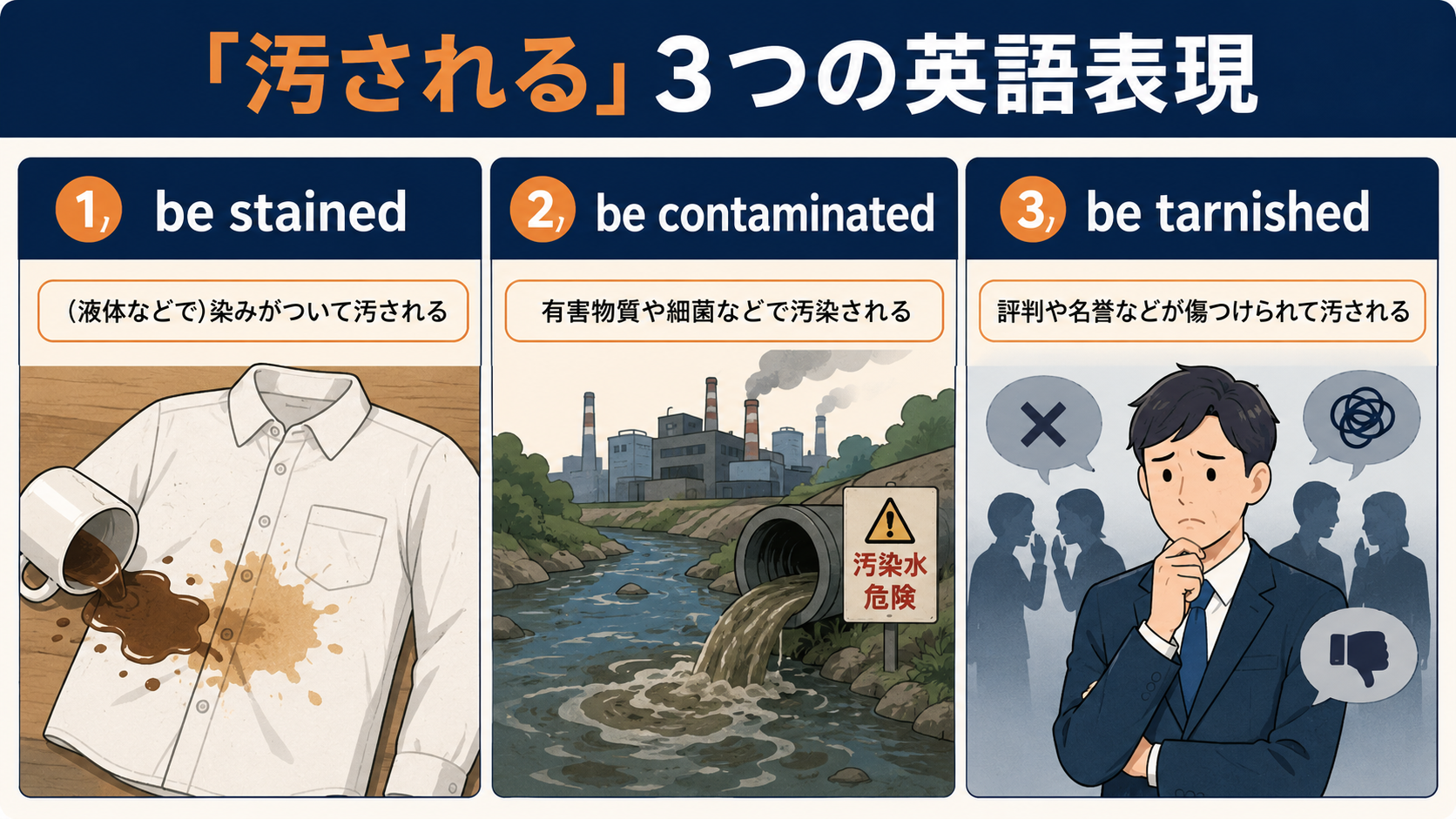 汚されるを表すbe stained・be contaminated・be tarnishedの使い分け図