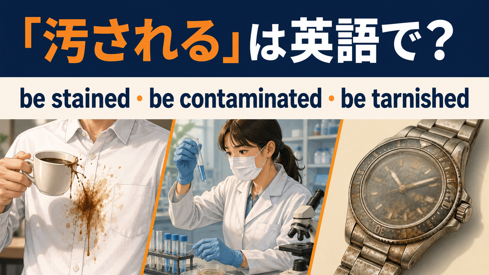 汚されるは英語で?be stained・be contaminated・be tarnishedの違い