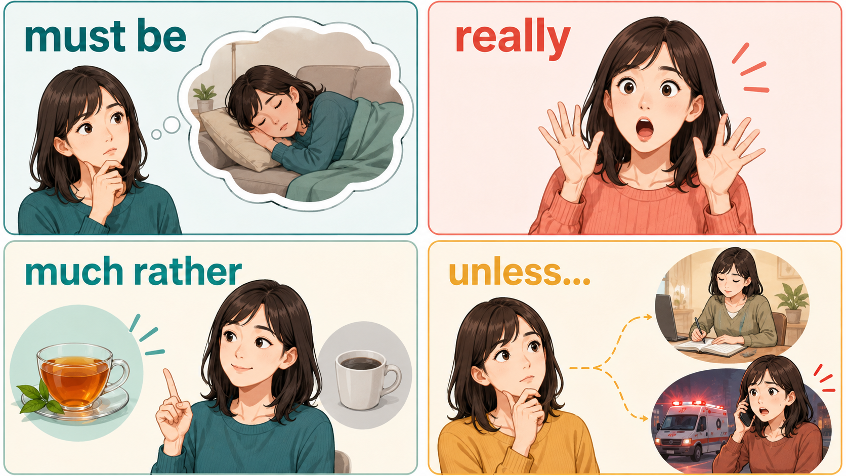 must be、really、much rather、unlessの違い