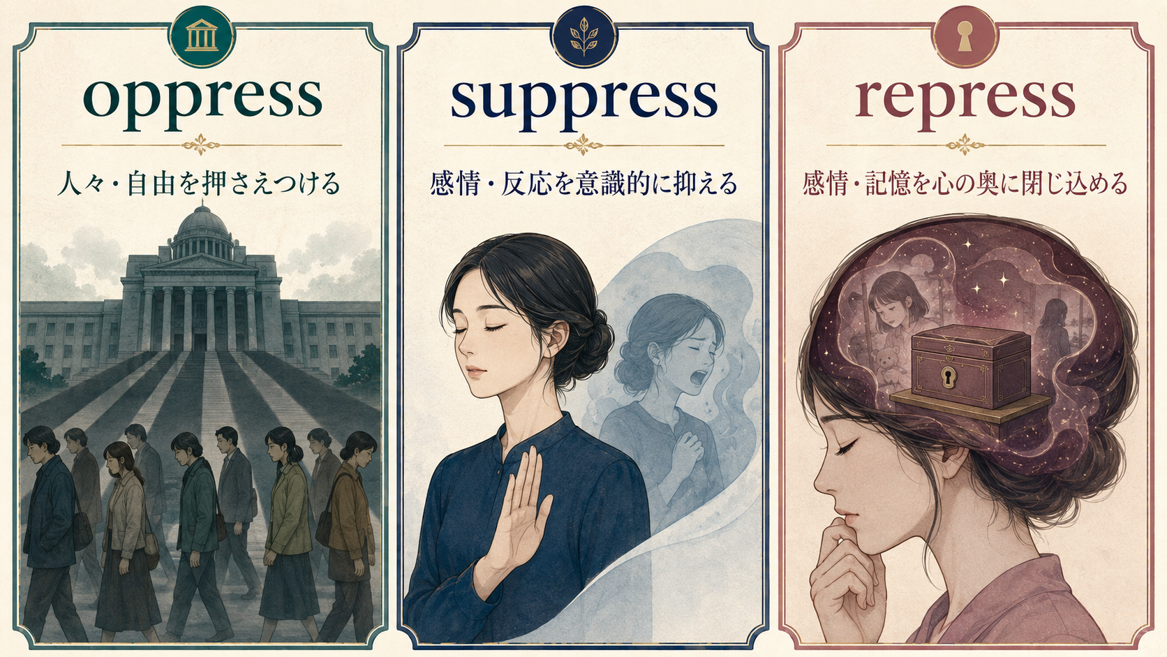 oppress・suppress・repressの使い分け比較