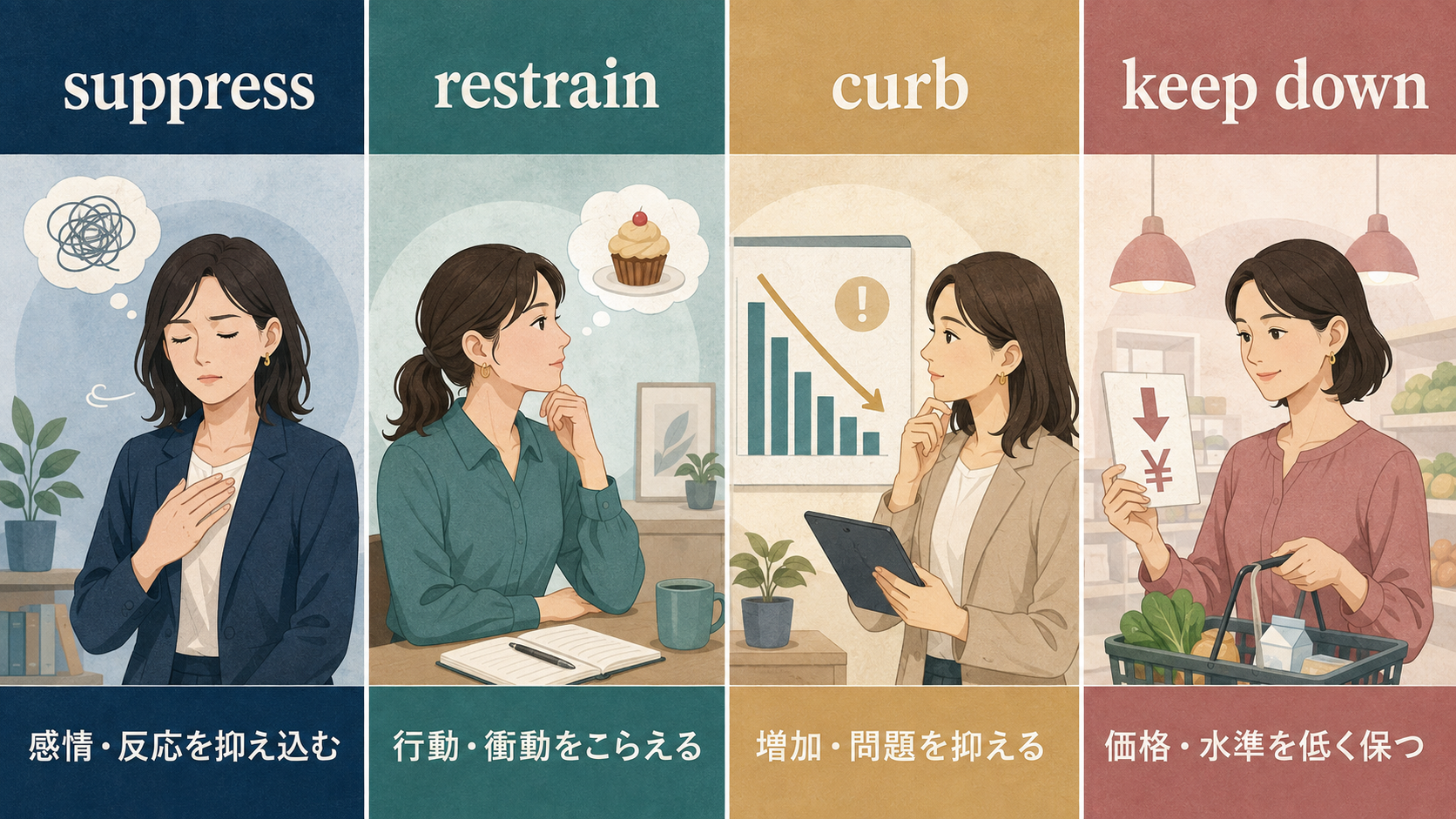 suppress・restrain・curb・keep downの意味を4場面で比較