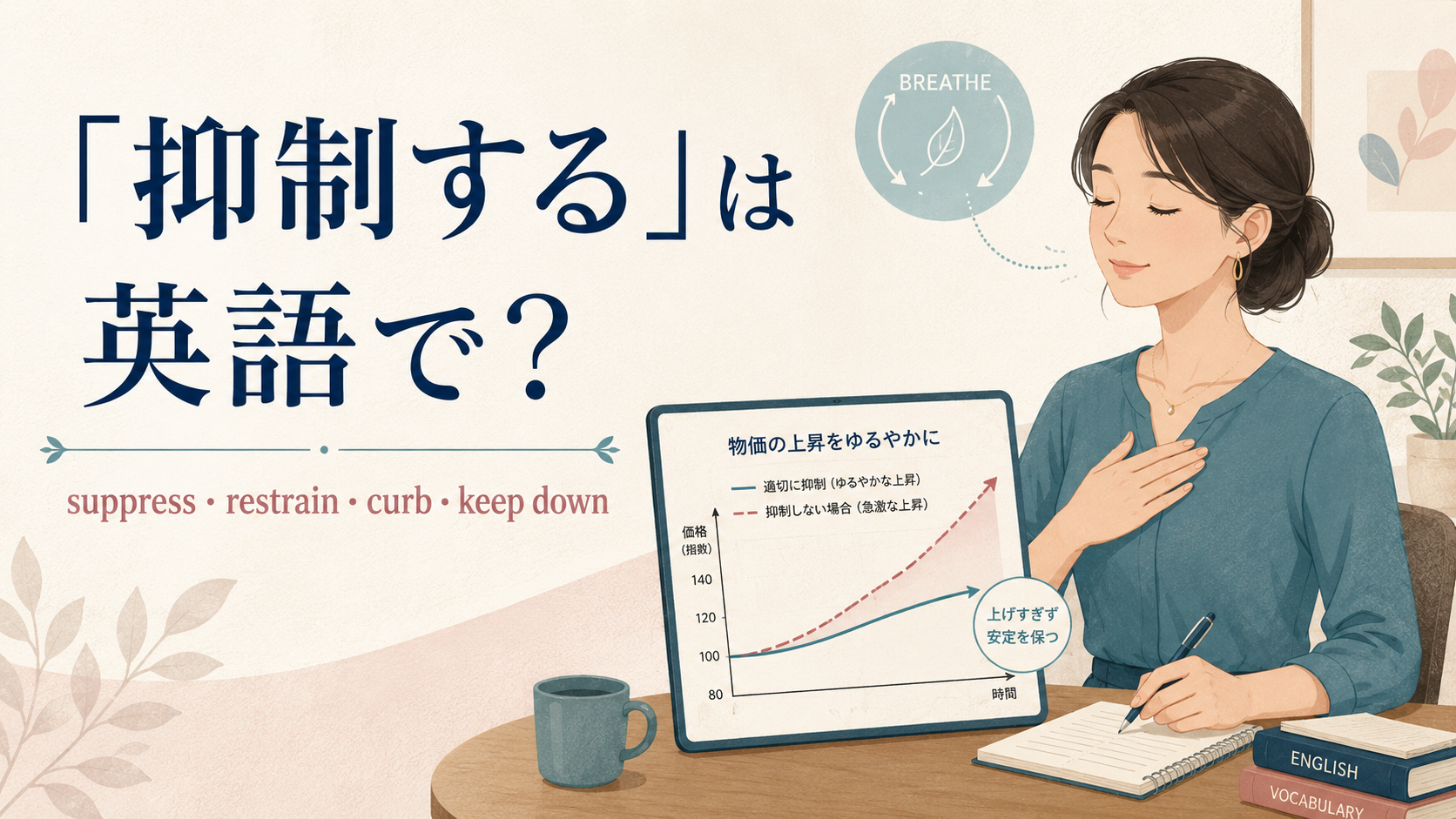 「抑制する」の英語 suppress・restrain・curb・keep down を紹介するアイキャッチ