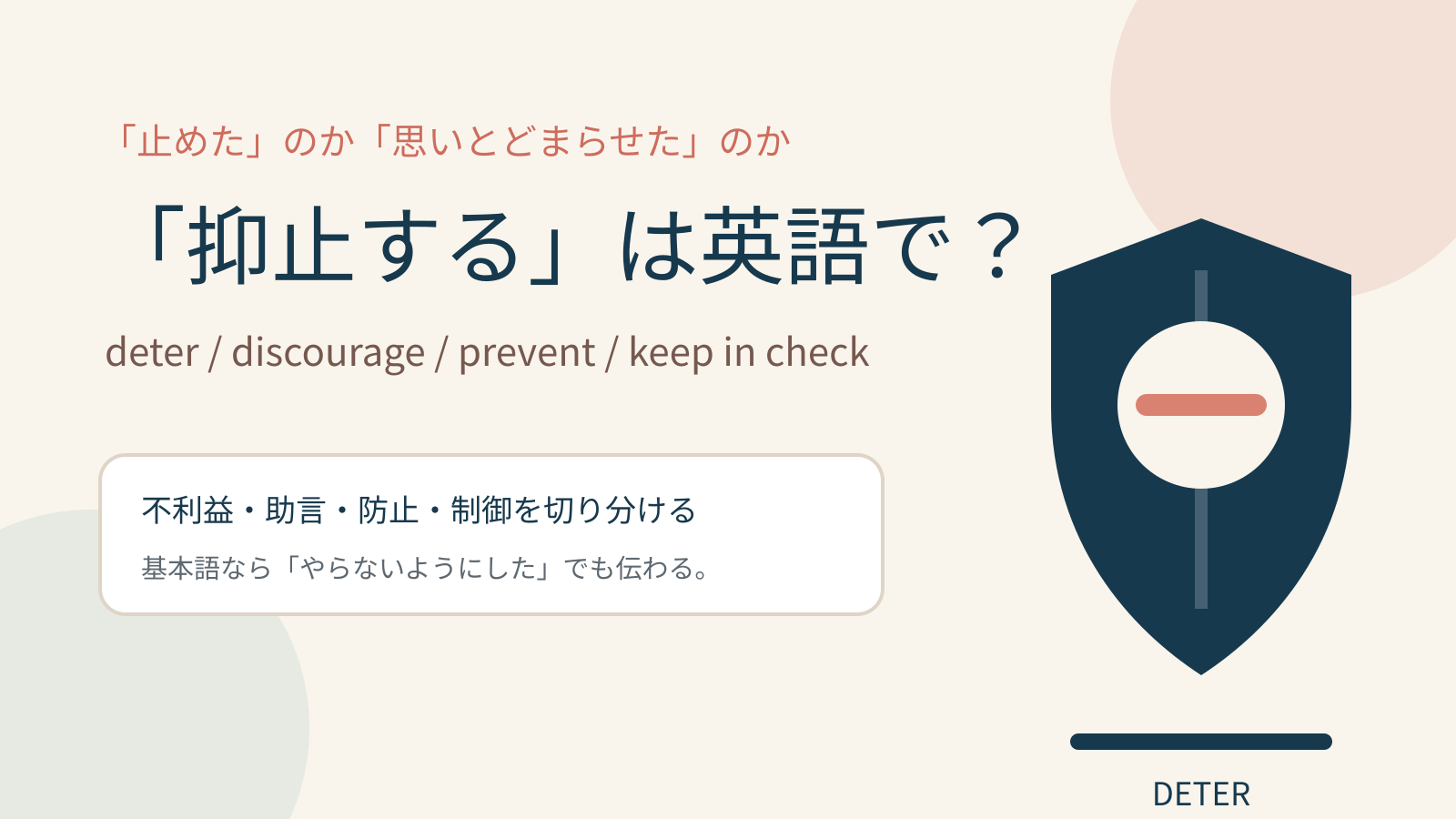 「抑止する」は英語で？deter・discourage・prevent・keep in checkの違いを紹介するアイキャッチ
