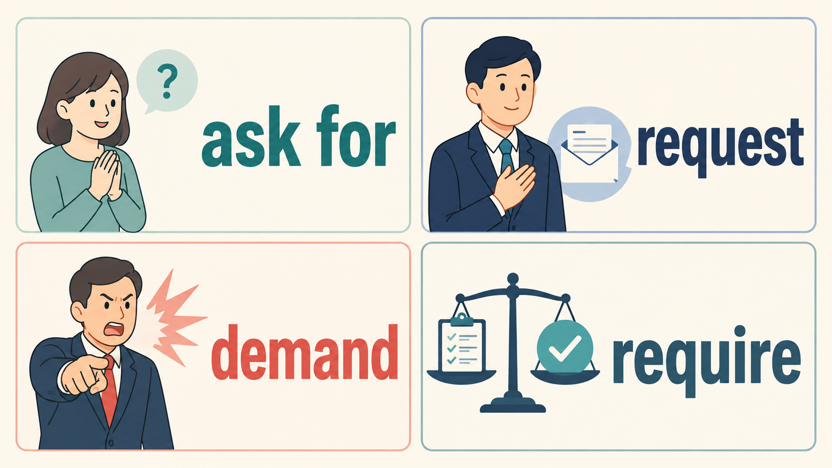 ask for、request、demand、requireの違い