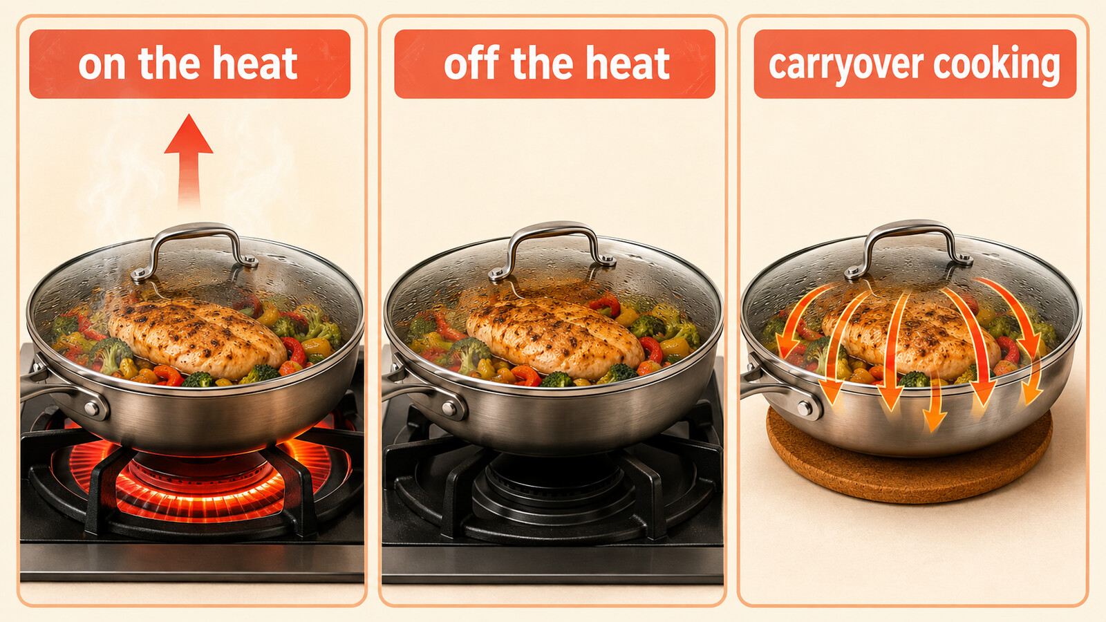 on the heat、off the heat、carryover cookingの違いを示す料理図